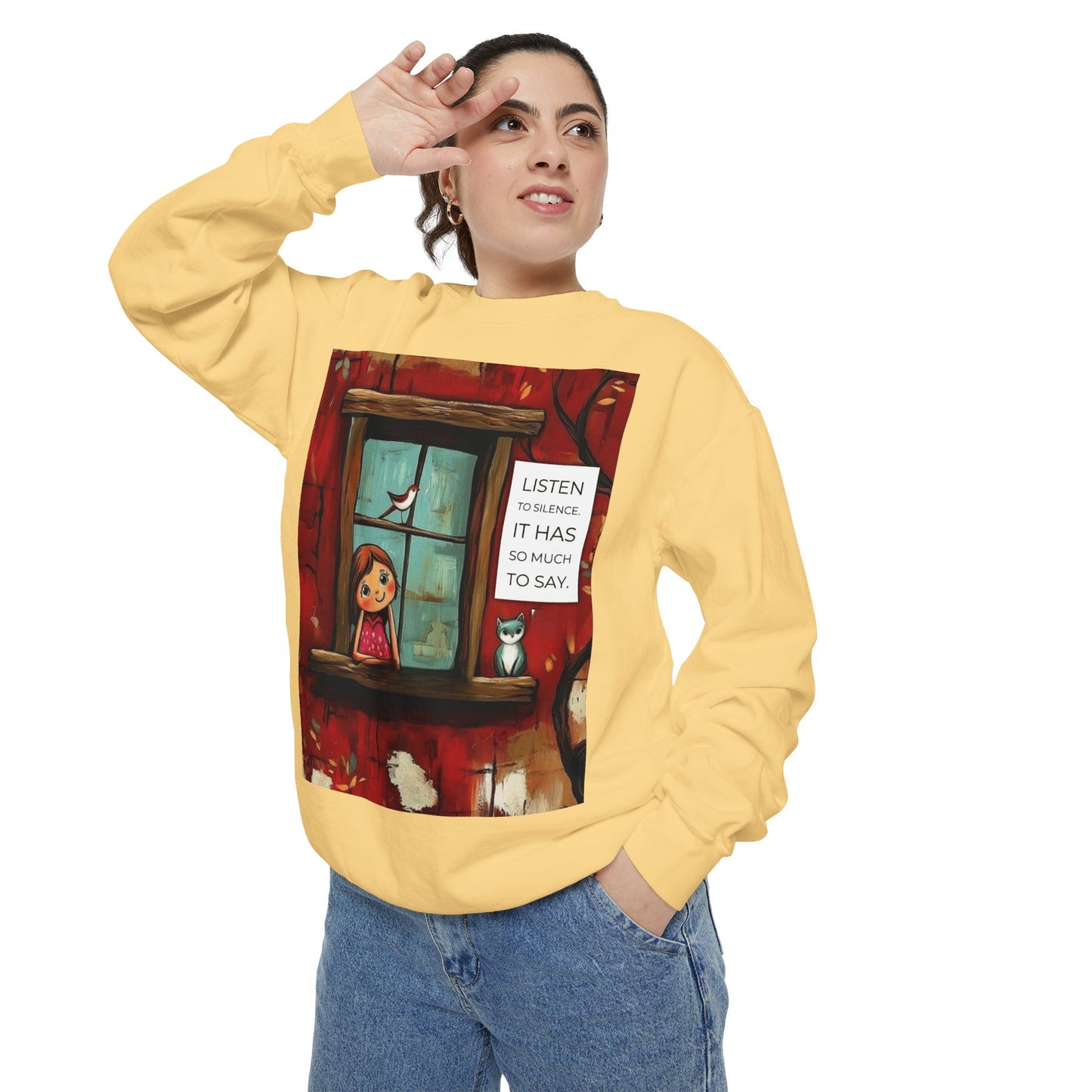 Cozy Window Scene Sweatshirt  "Listen, It Has So Much to Say" Graphic