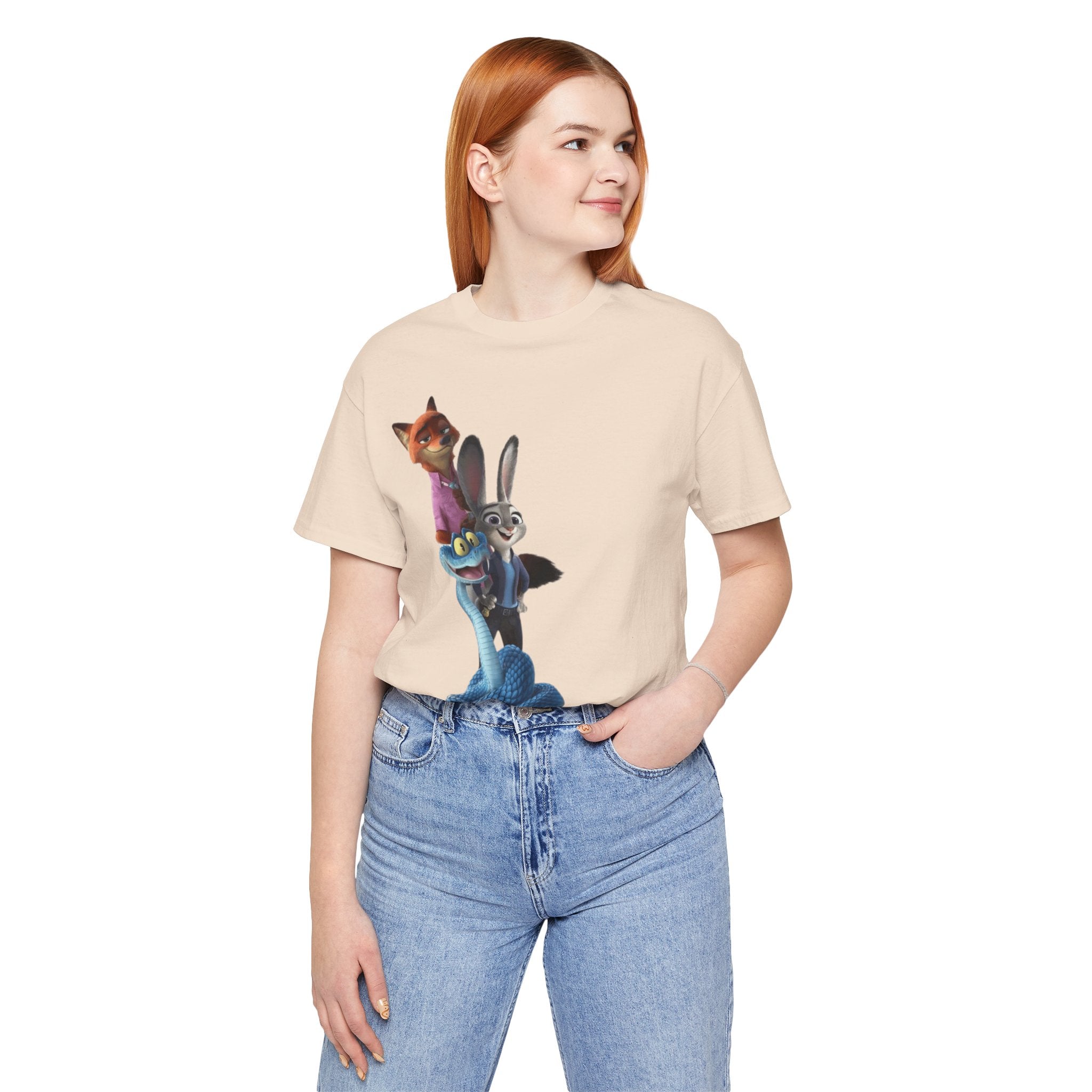 Animated Character Tee — Cute Fox & Bunny Stack Graphic T-Shirt  cartoon-style Christmas artwork