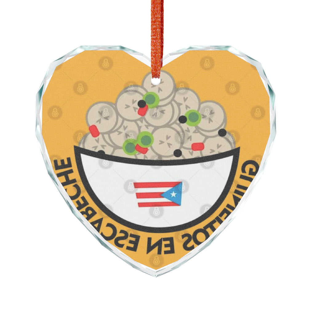 Heart-Shaped Crystal Glass Ornament - Puerto Rican Food Theme Feliz Navidad Boricua Glass Ornament