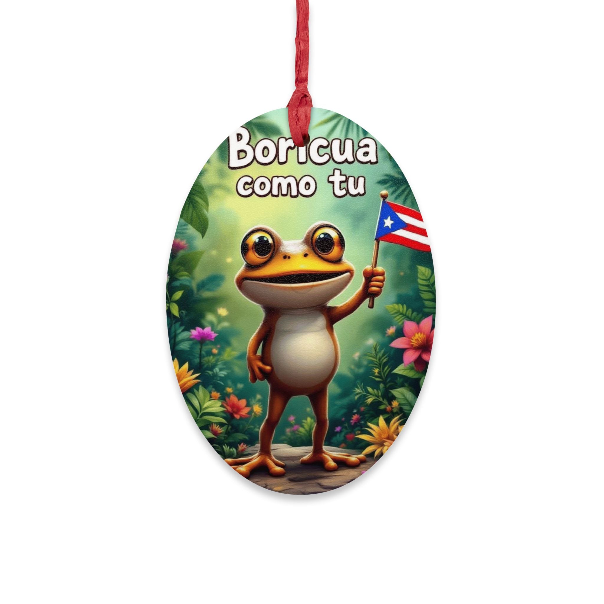 Boricua Como Tú Wooden Ornament – Puerto Rican Flag Frog Holiday Decor