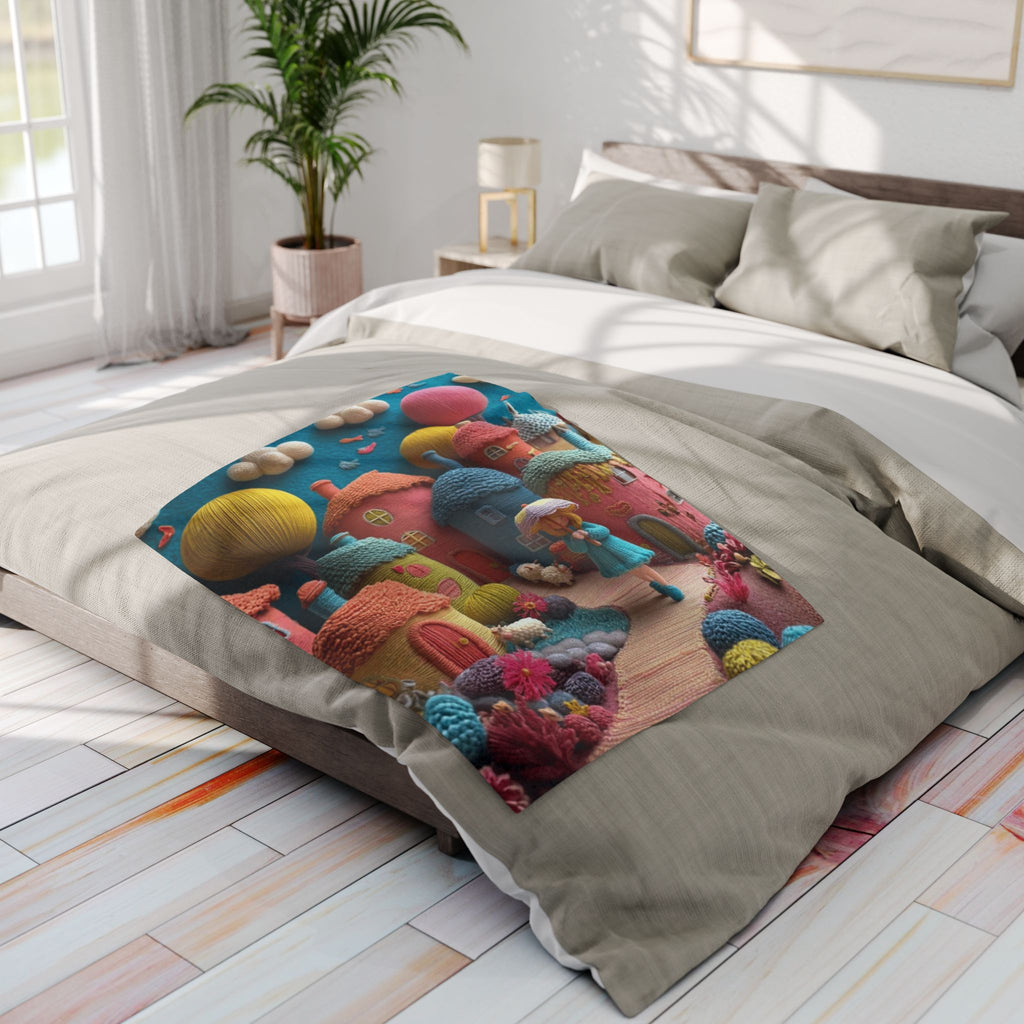 Whimsical Felt Village Fleece Blanket — Cute Cozy Throw for Kids & Nursery