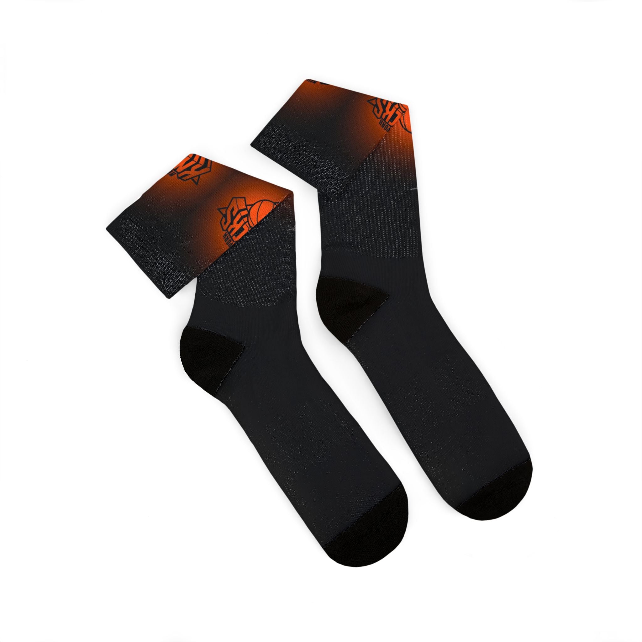 Basketball-Inspired Pattern Crew Socks — Retro Sports Sublimation Socks — Orange Gradient Crew Socks for Fans