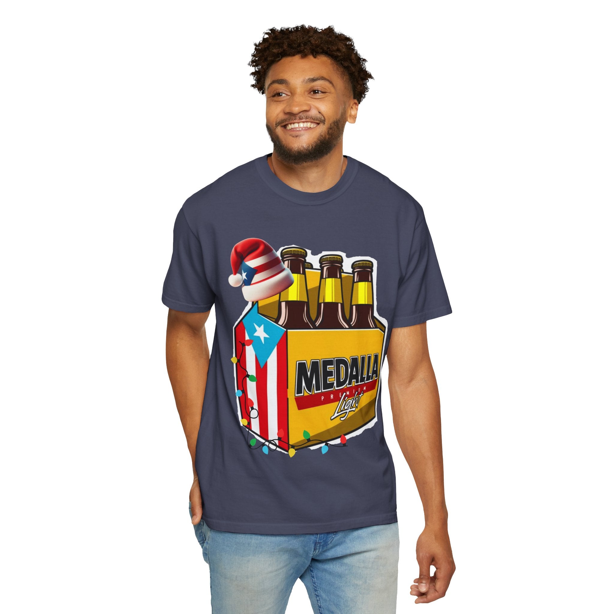Medalla Light Beer T-Shirt  Navidad Boricua Holiday Tee Puerto Rico’s Navidades