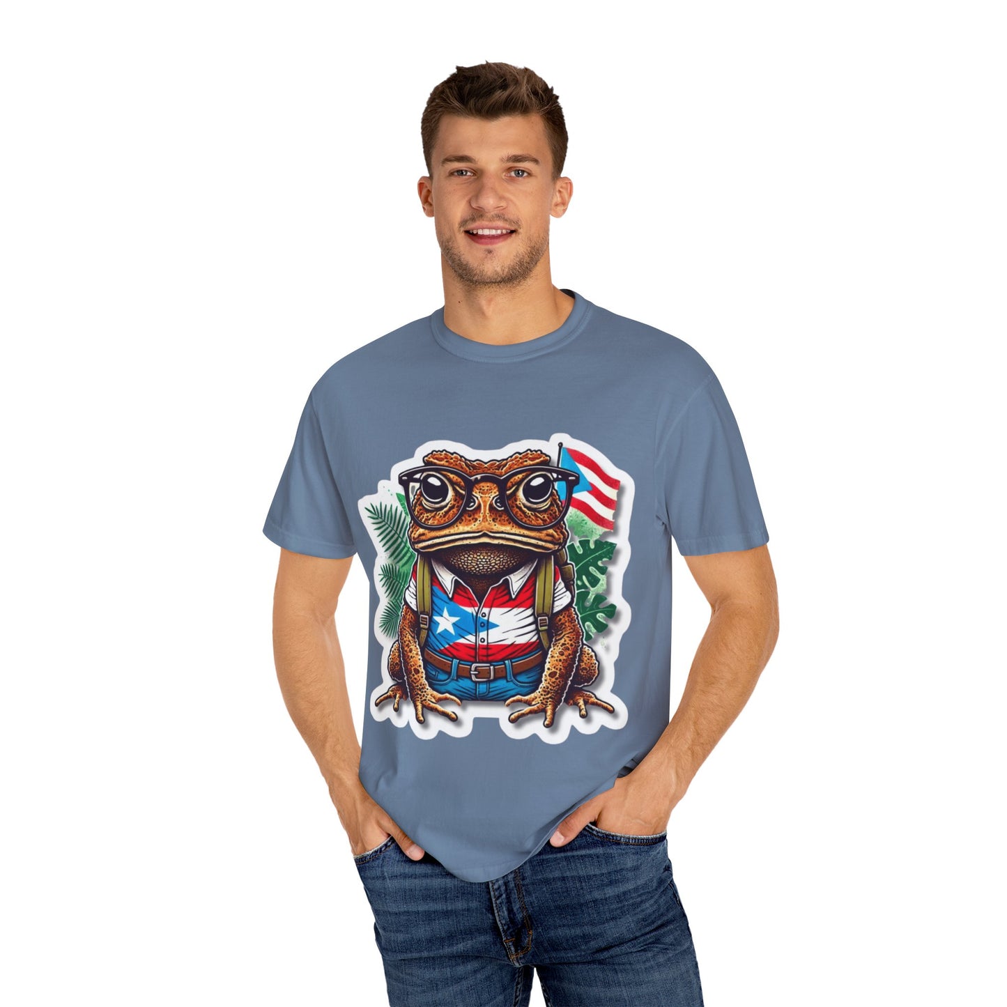 Puerto rico Patriotic Frog T-Shirt, Unisex Garment-Dyed Tee for Nature Lovers, Summer Parties, Luce tu orgullo puertorriqueño con estilo PR