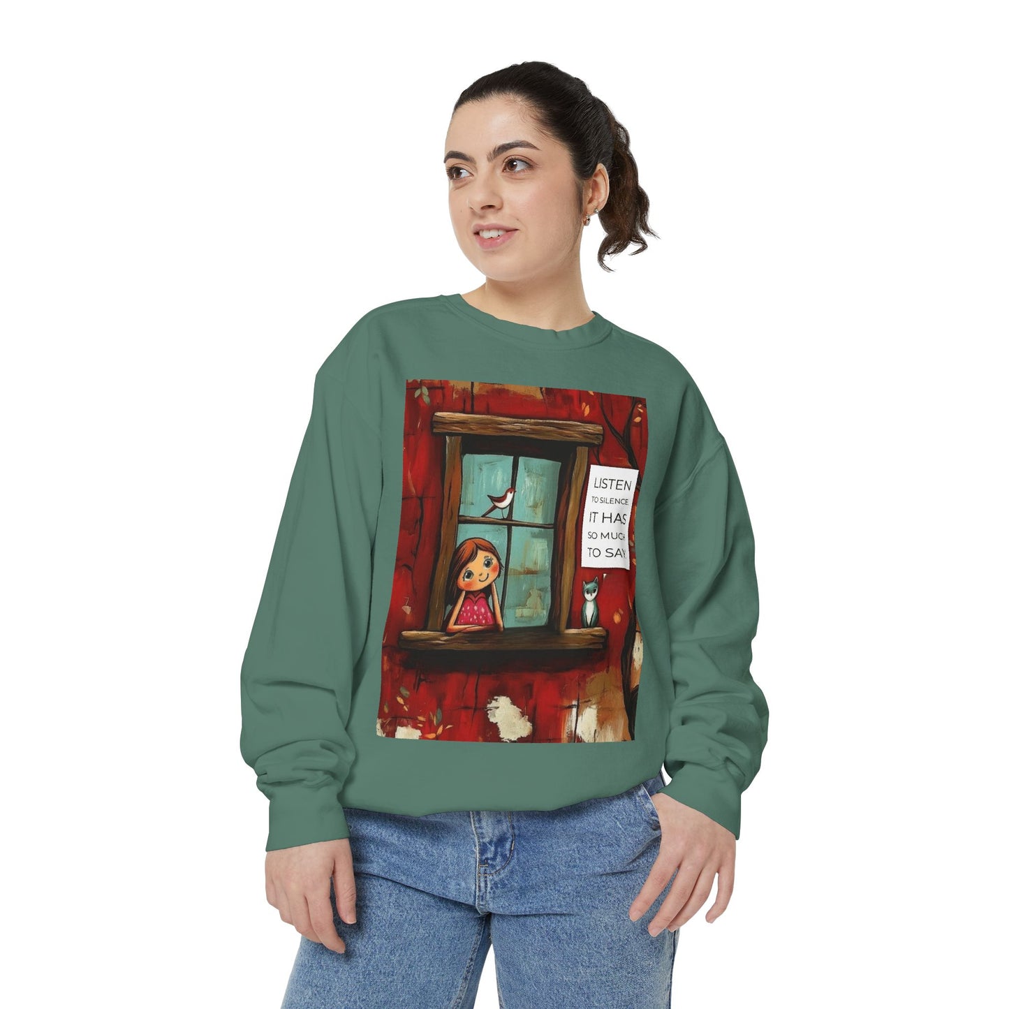 Cozy Window Scene Sweatshirt  "Listen, It Has So Much to Say" Graphic