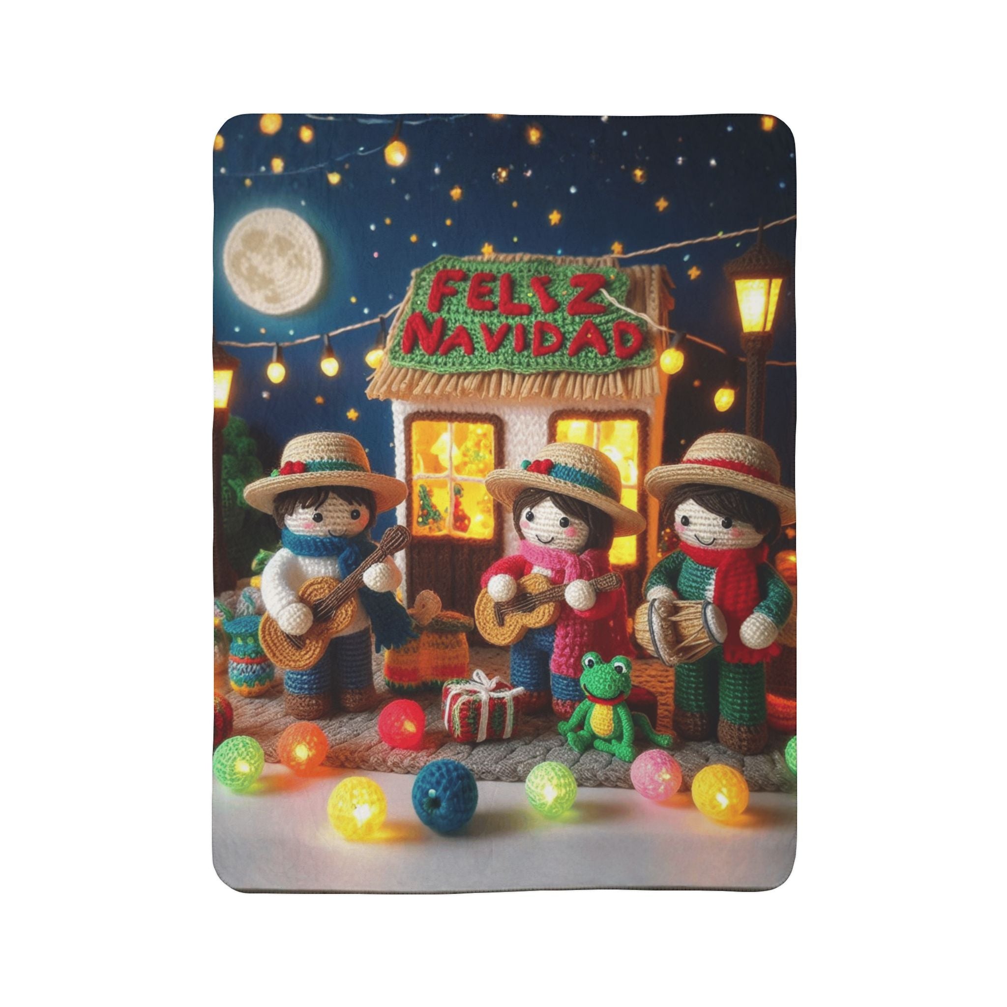 Feliz Navidad Fleece Sherpa Blanket — Festive Mexican Carolers Holiday Throw Puerto Rico Design Blanket