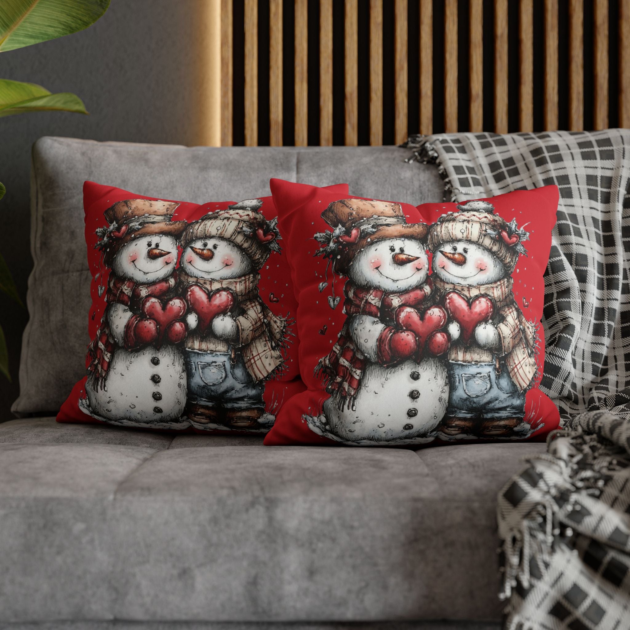 Christmas Snowman Couple Faux Suede Pillowcase CHRISTMAS PILLOW DÉCOR