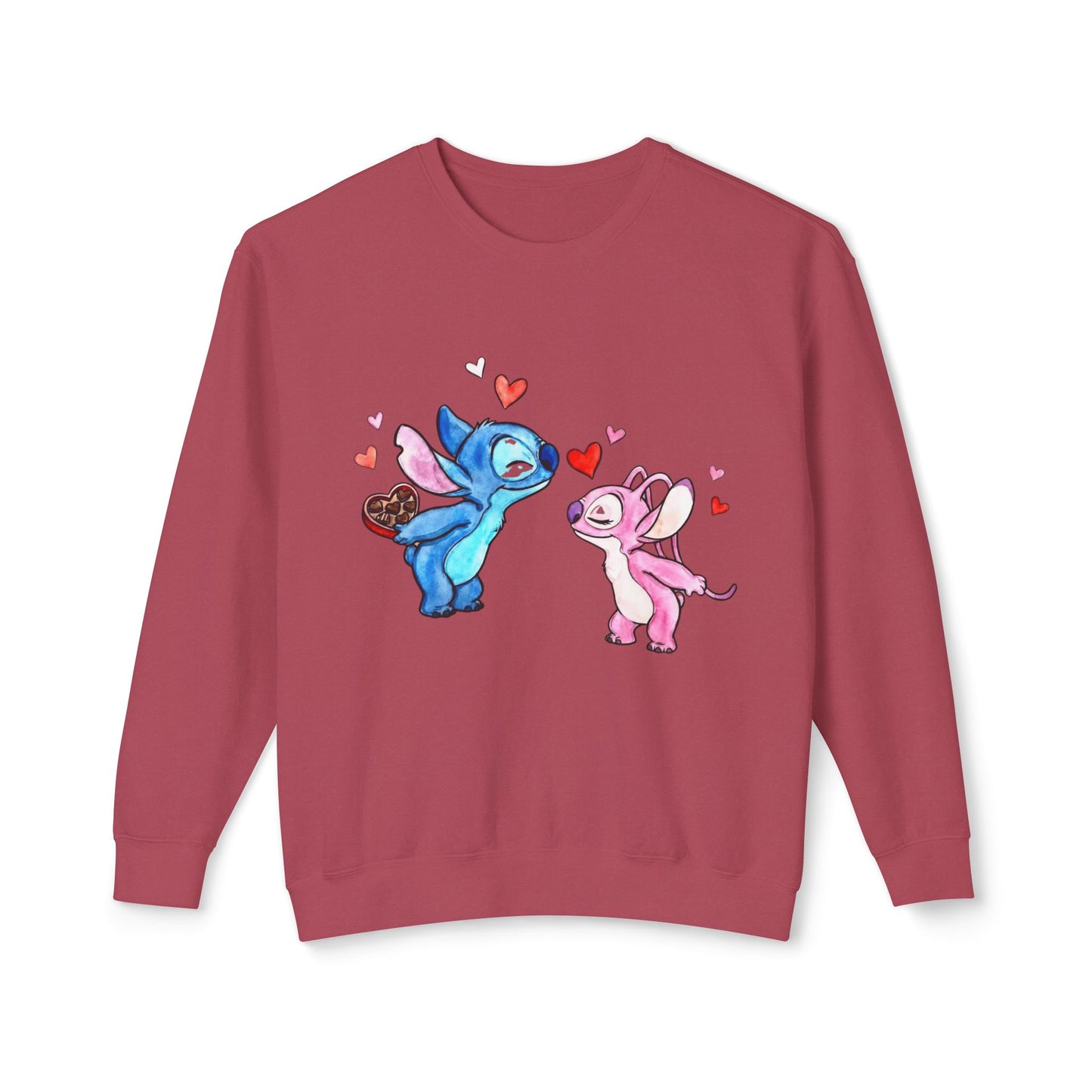 Cute Stitch Valentine Sweatshirt — Blue & Pink Love Characters with Hearts