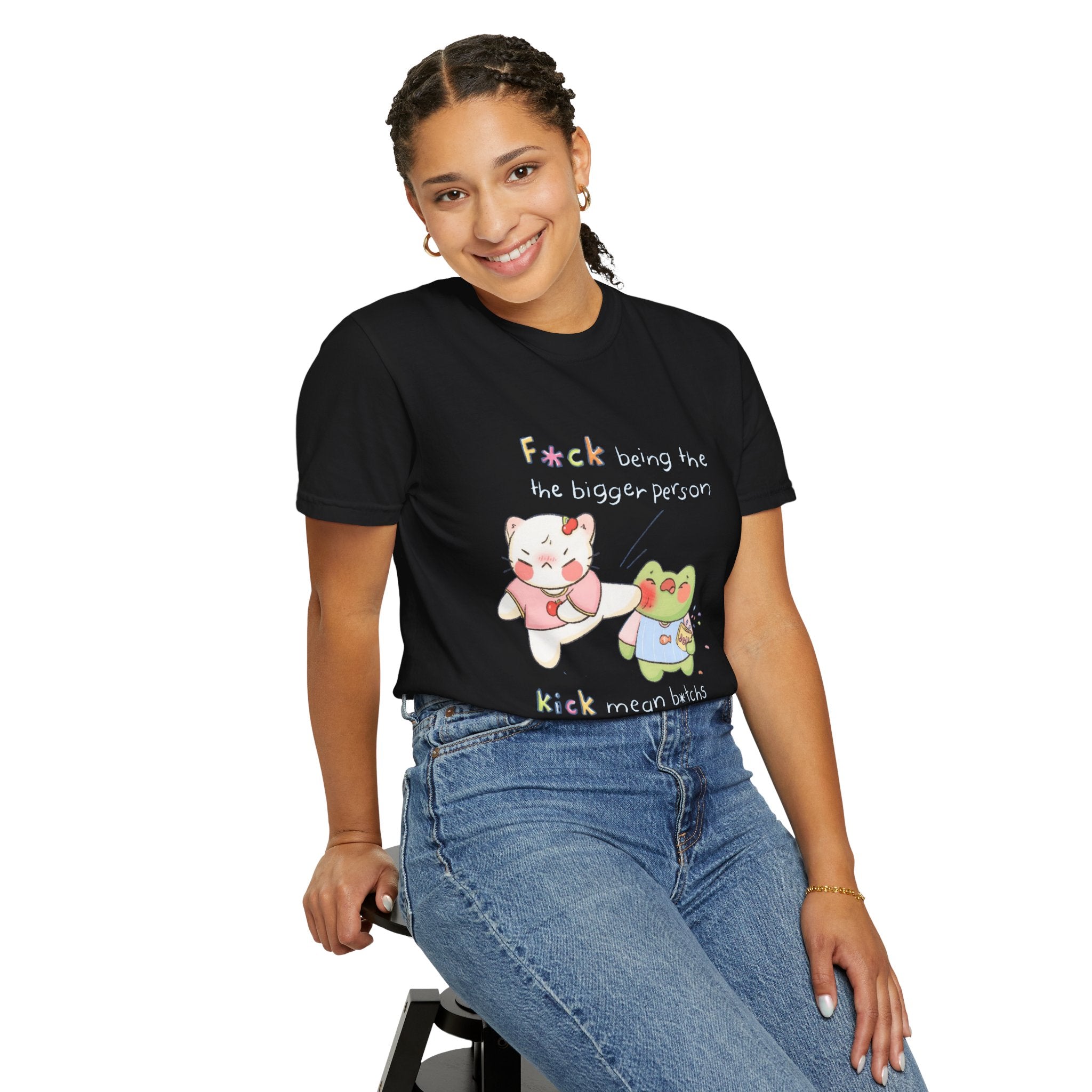 Graphic T-Shirt  Cute Kicking Cat & Frog with 'F*ck Being The Bigger Person' Slogan
