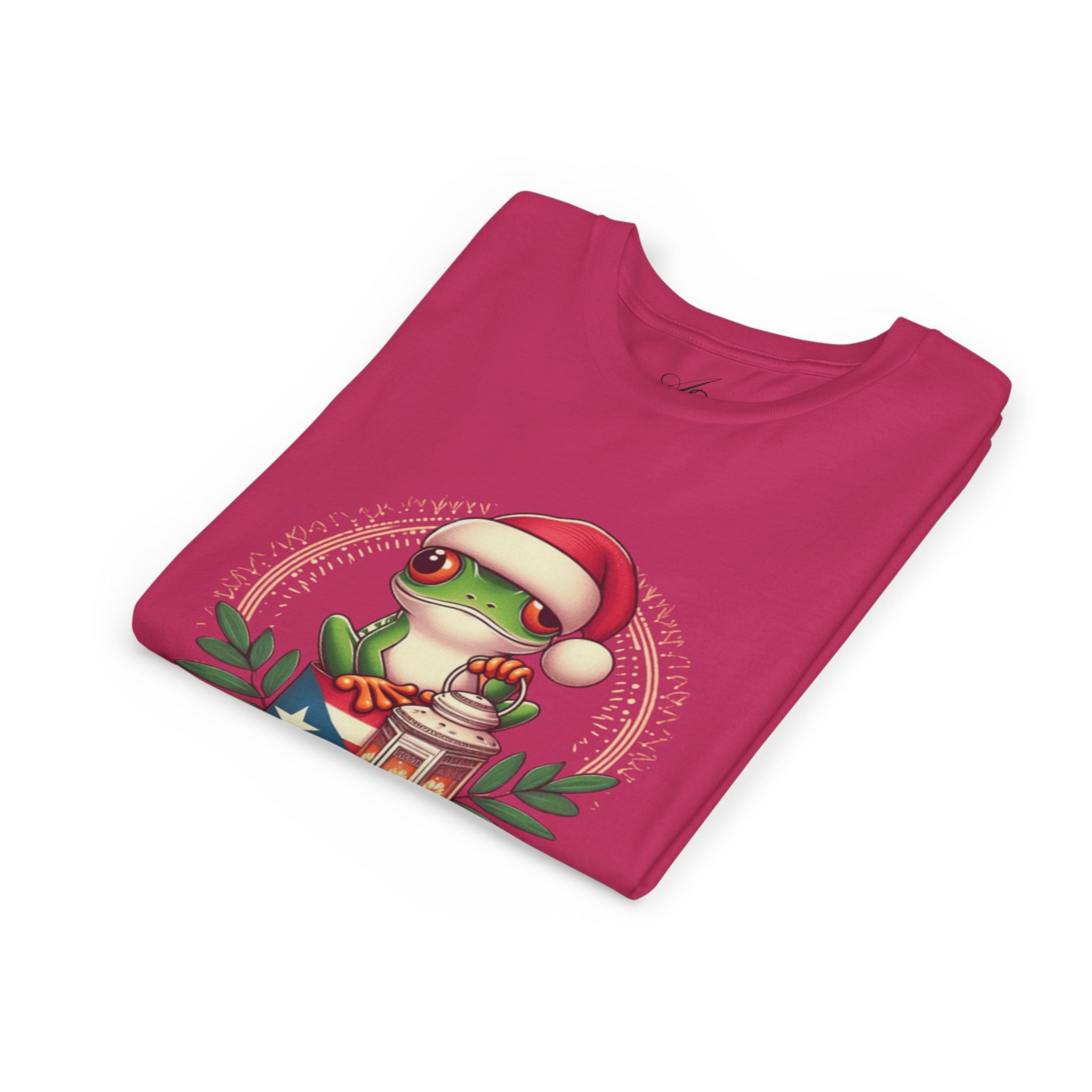 Kids Tee Cute Frog with Puerto Rican Flag & Lantern (Feliz Navidad)