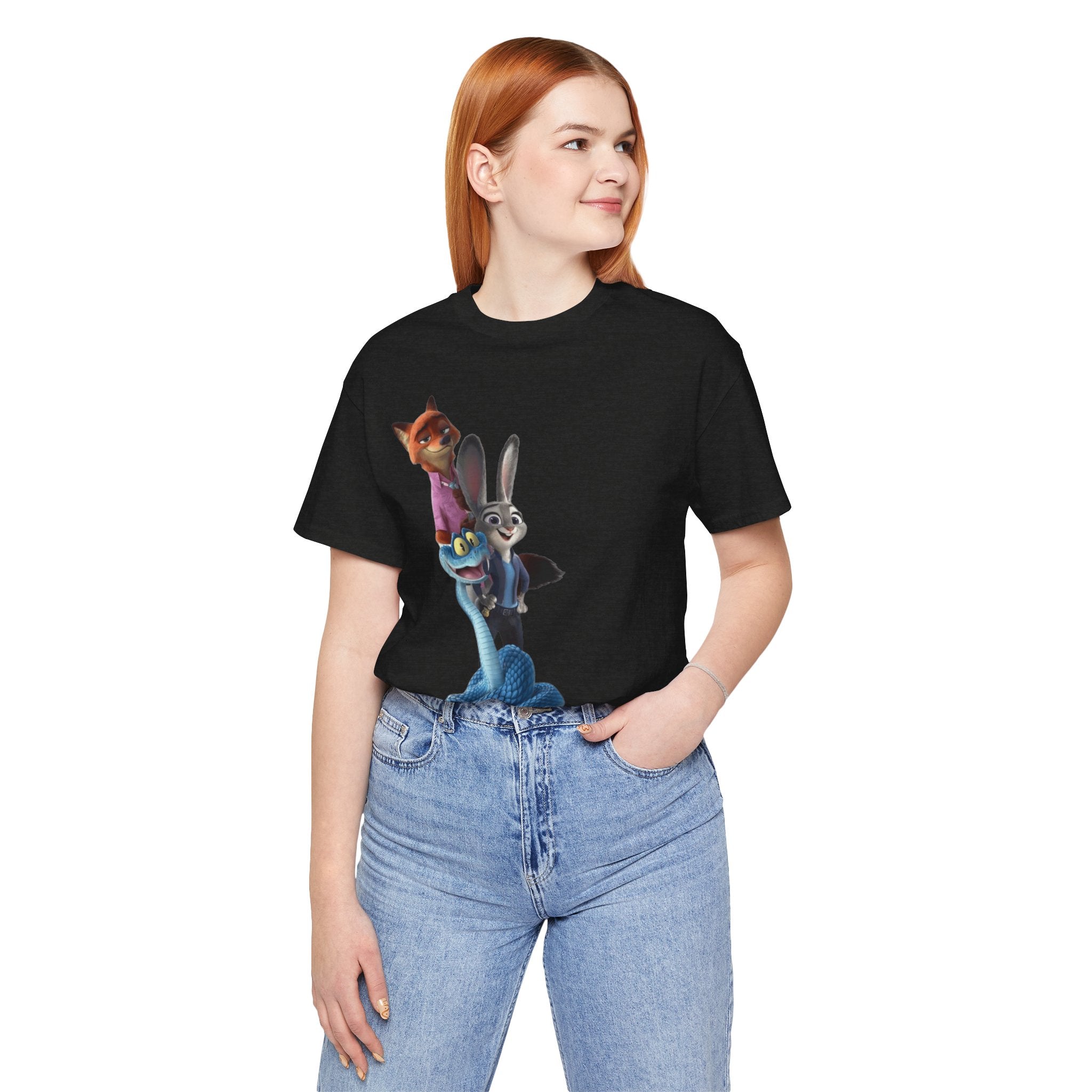 Animated Character Tee — Cute Fox & Bunny Stack Graphic T-Shirt  cartoon-style Christmas artwork