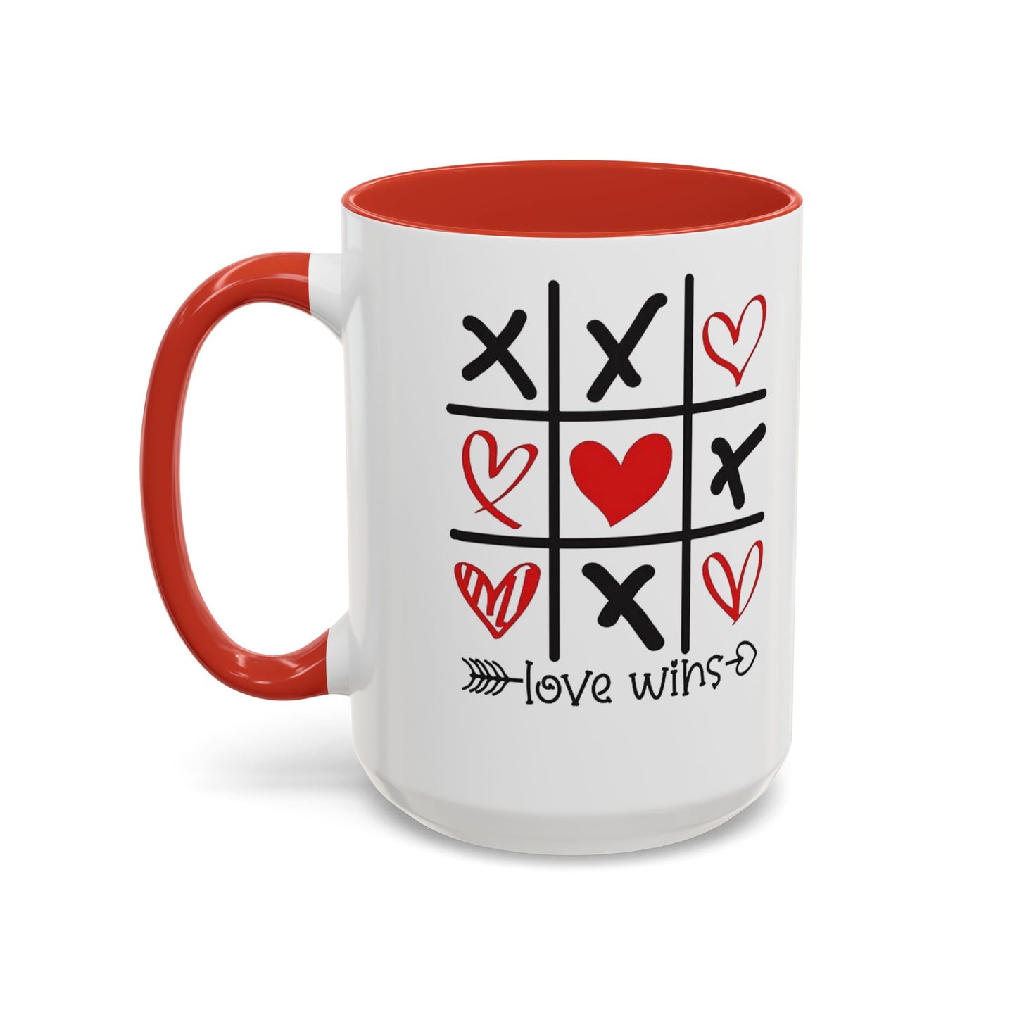 Love Wins Tic-Tac-Toe Heart Accent Coffee Mug — Romantic Valentine 11/15oz