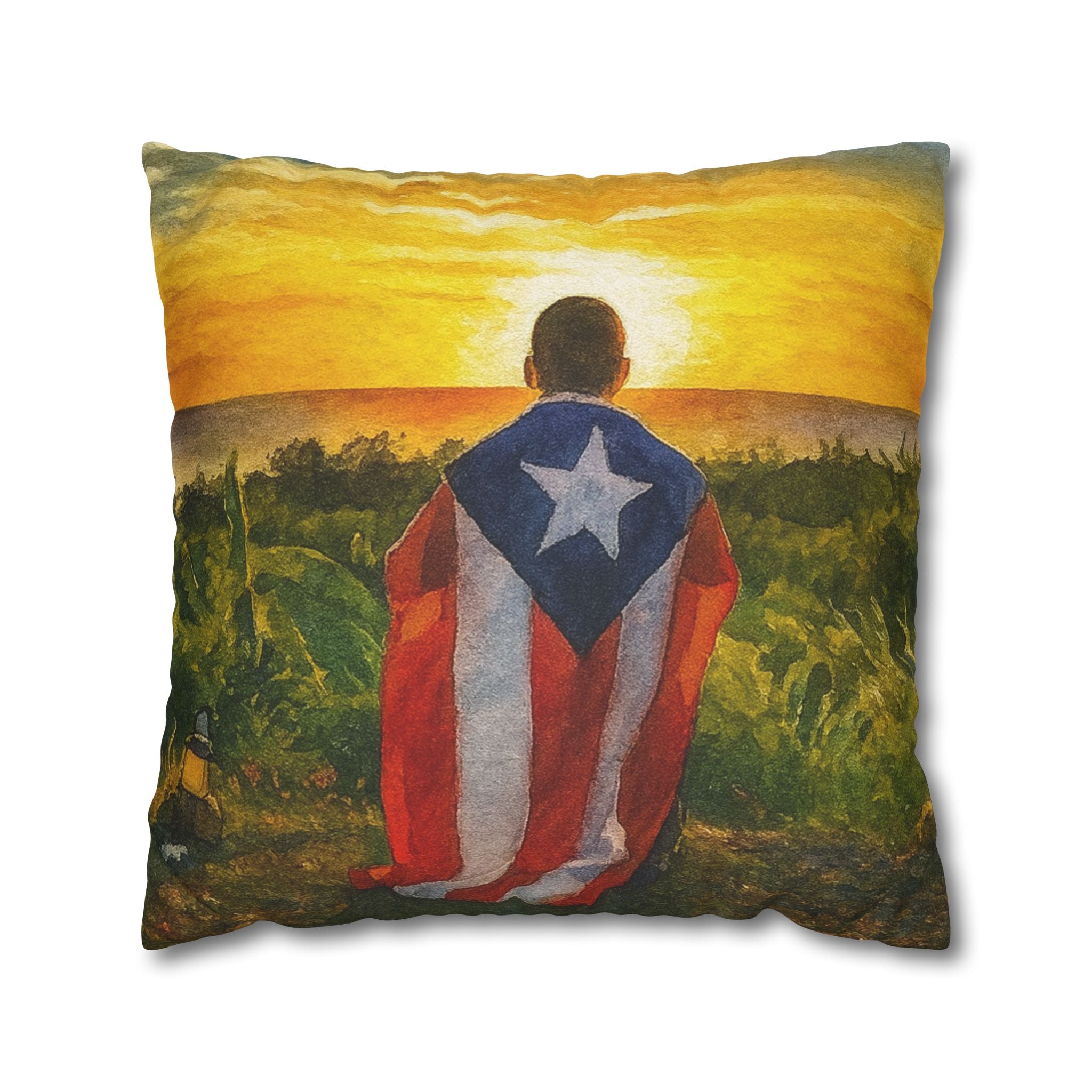 Puerto Rican Flag Sunset Pillowcase  Boy Draped in Puerto Rico Flag Decorative Throw Pillow Puerto Rico Culture Pillow