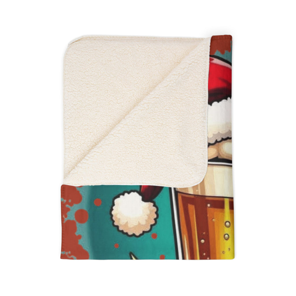 Christmas Beer Sherpa Blanket — Festive Mug with Santa Hat Holiday Throw