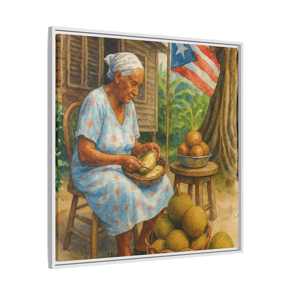 Cultural & Story-Driven These Puerto Rico inspired  Framed Matte Canvas Print  Woman Shelling Fruit Vintage Tropical Painting