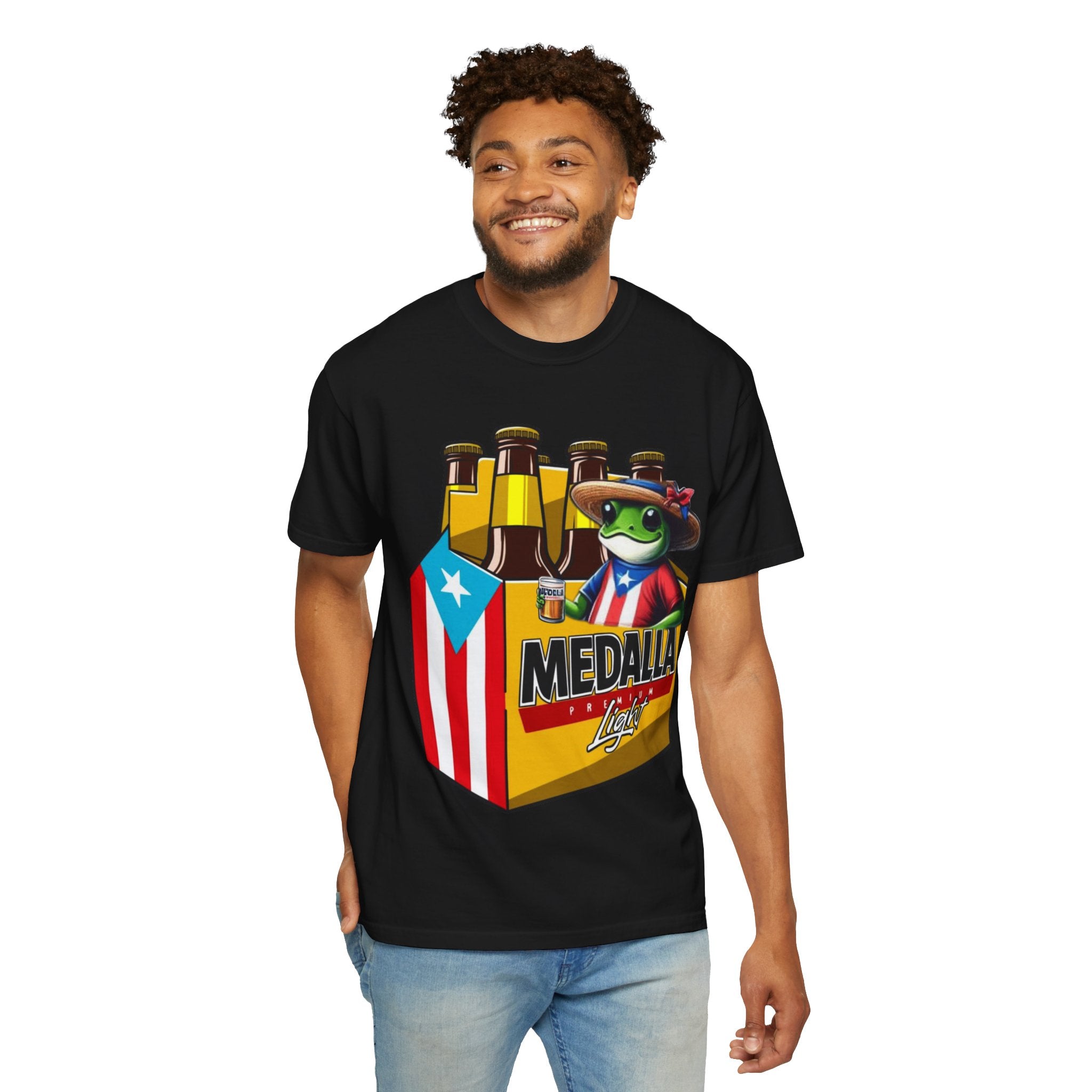 Medalla Light Puerto Rican Beer T-Shirt Coqui Frog Mascot Six-Pack Graphic Tee Puerto Rico’s Navidades