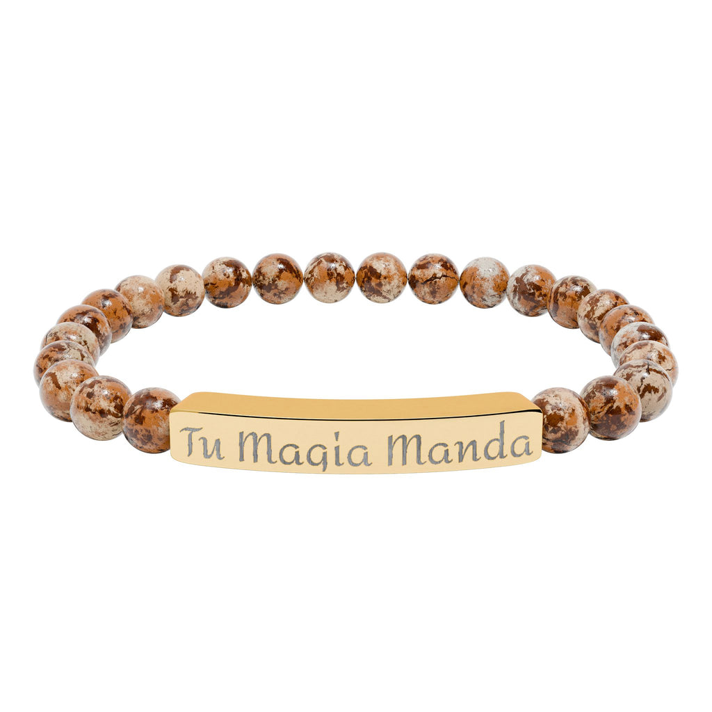 Tu Magia Manda Engravable Natural Stone Stretch Bracelet — Personalized Bar Bead Bracelet