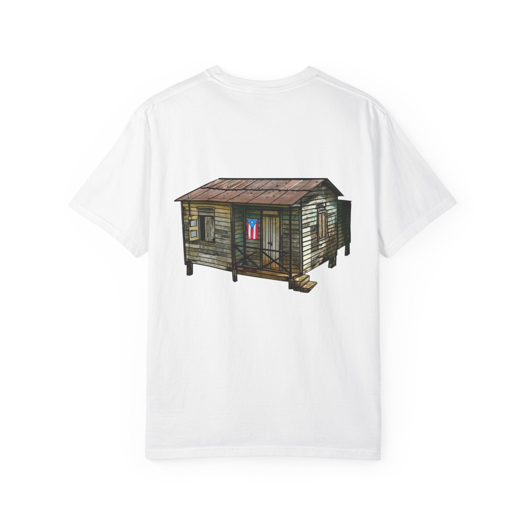 Puerto Rican Batey Cabin T-Shirt  Three Masks & Rustic House Graphic Tee Puerto Rico Navidades