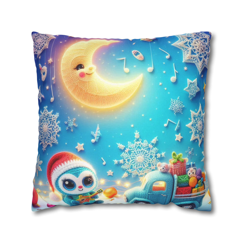 Whimsical Moon & Penguin Holiday Pillowcase  Faux Suede Square Throw Pillow