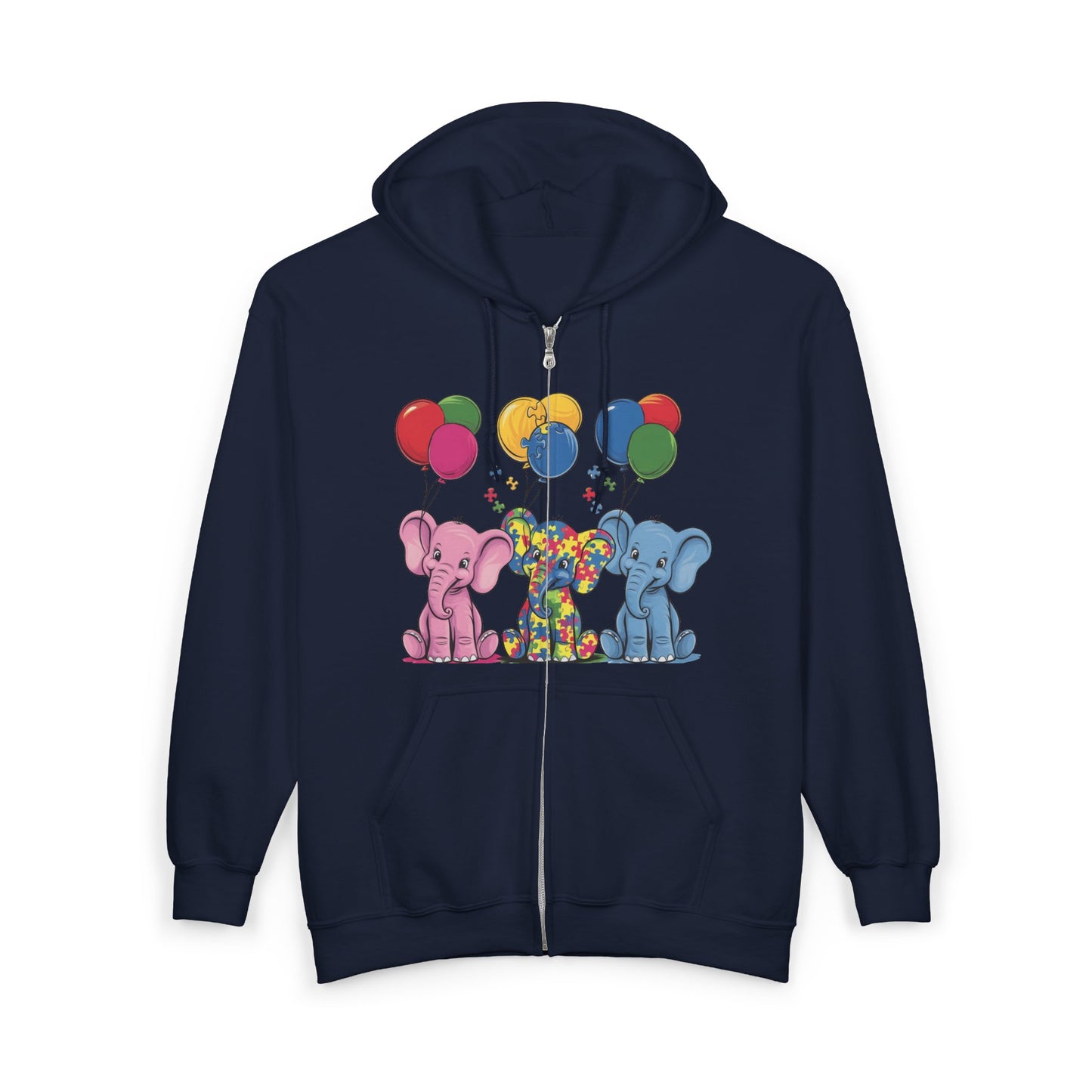 Elephant Balloon Party Hoodie - Fun Unisex Zip Sweatshirt Autism Awareness & Pride Collection.