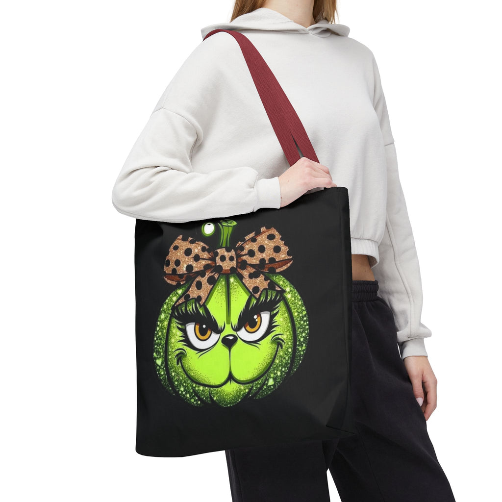Grinch-Inspired Tote Bag with Polka Dot Bow Christmas Tote Bag Festive Holiday Design