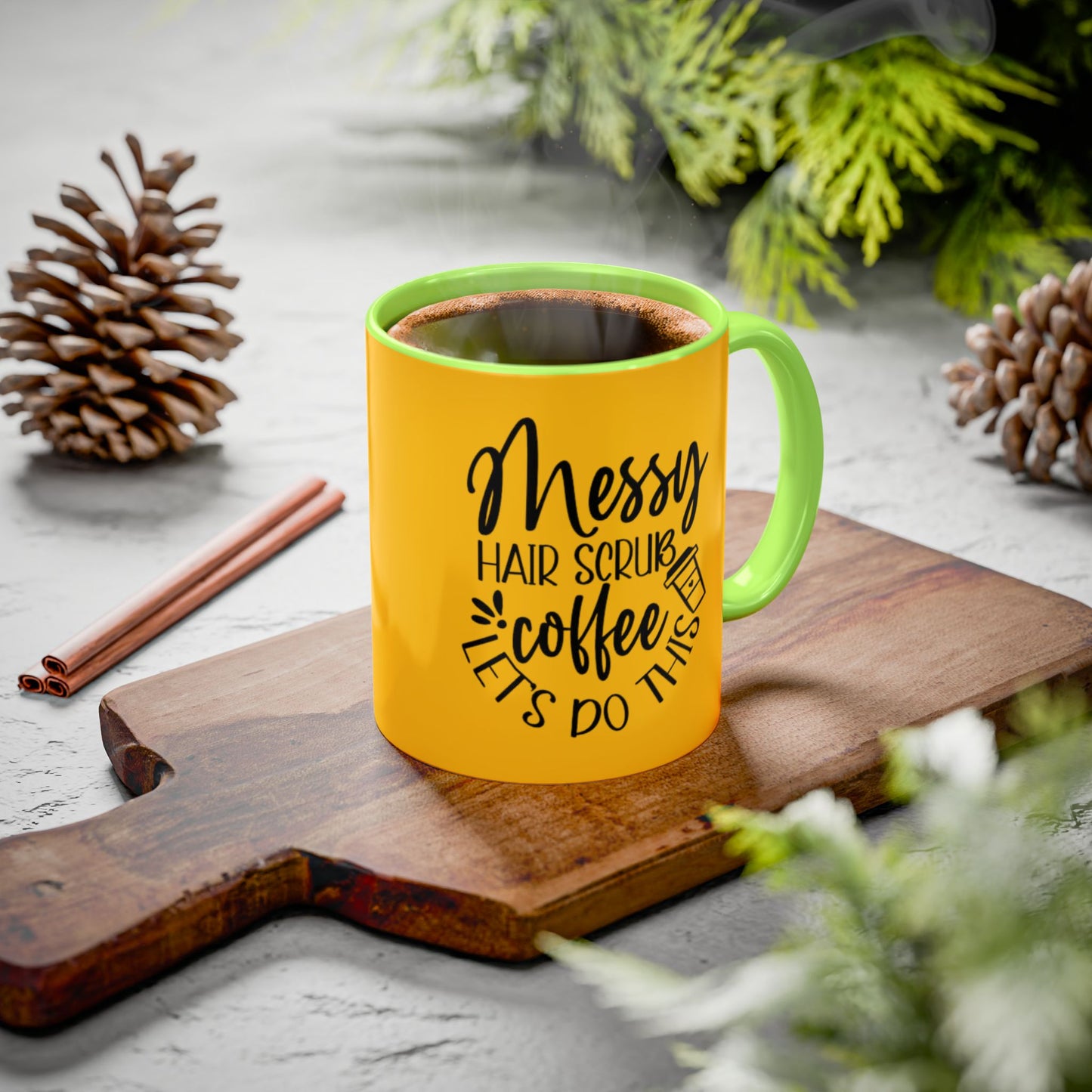 Holiday Coffee Cups with Festive Quotes & Designs Messy Hair Coffee Mug - Fun Yellow Ceramic Cup for Coffee Lovers