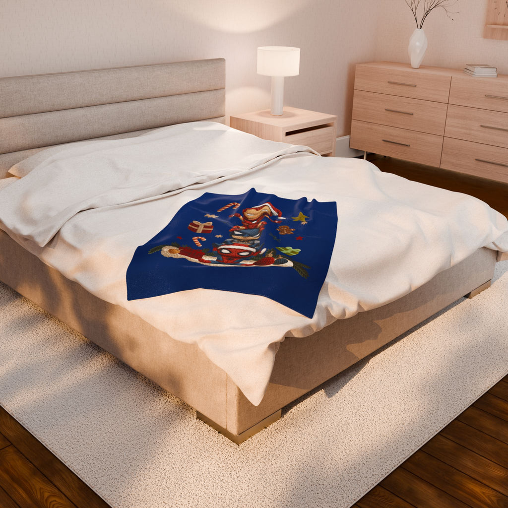 Plush Holiday Marvel Blanket — Cute Iron Man, Captain America & Spider-Man Stack with Christmas Gifts