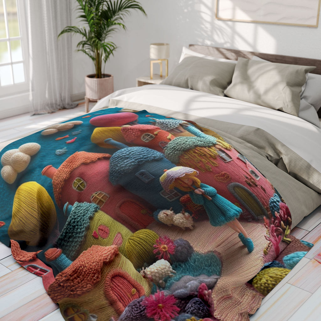 Whimsical Felt Village Fleece Blanket — Cute Cozy Throw for Kids & Nursery