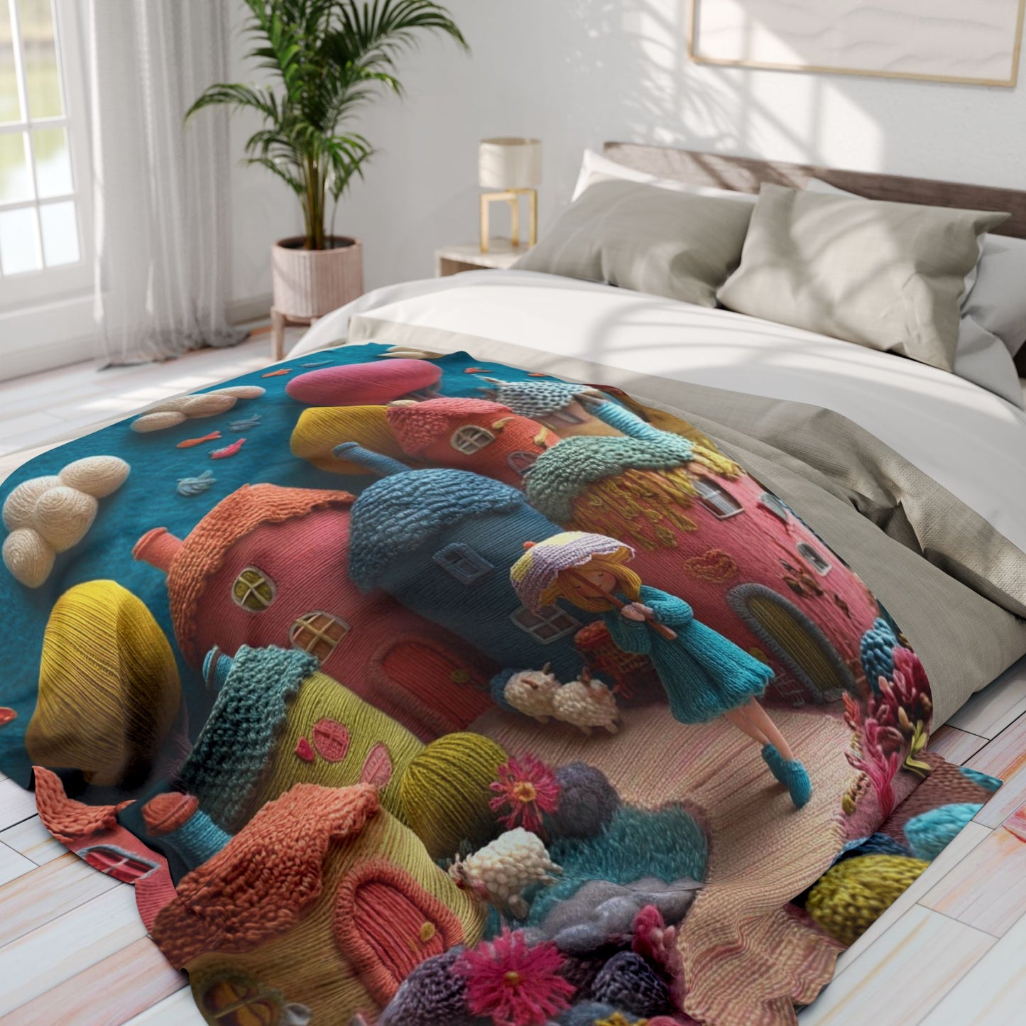 Whimsical Felt Village Fleece Blanket — Cute Cozy Throw for Kids & Nursery