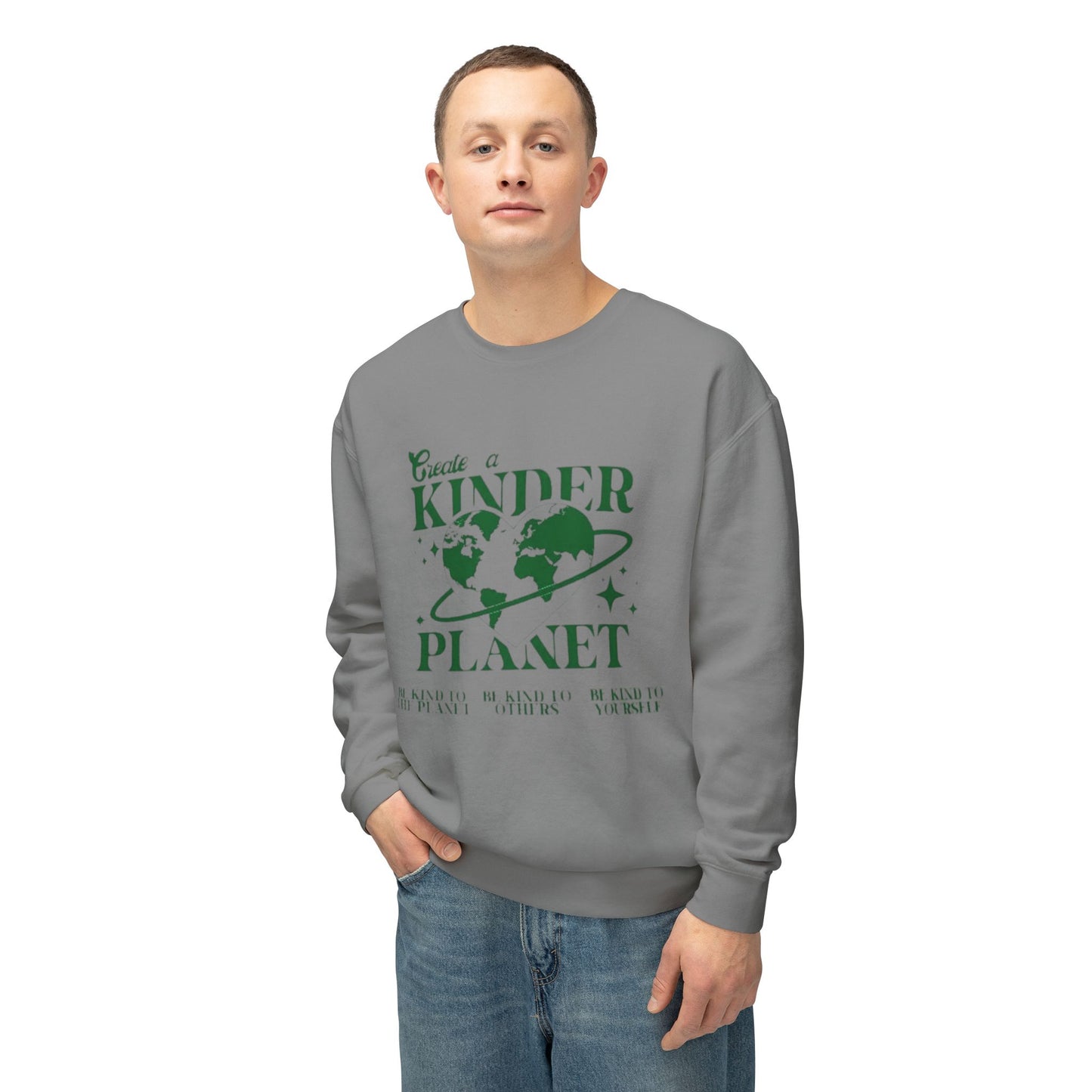 Kinder Planet Crewneck Sweatshirt Eco-Friendly Earth Day Graphic Pullover