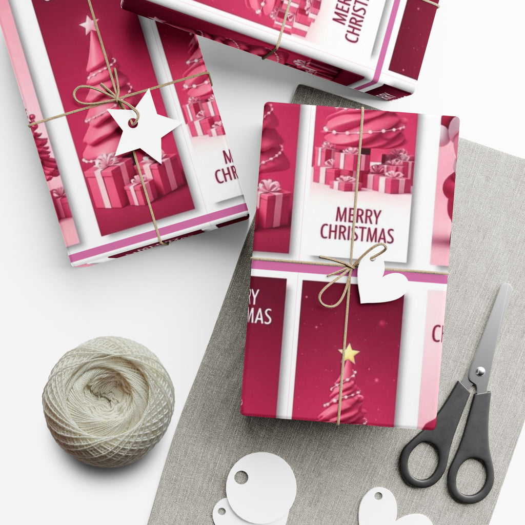 Christmas Gift Wrap Paper - Pink Merry Christmas Star & Tree Holiday Wrapping Sheets