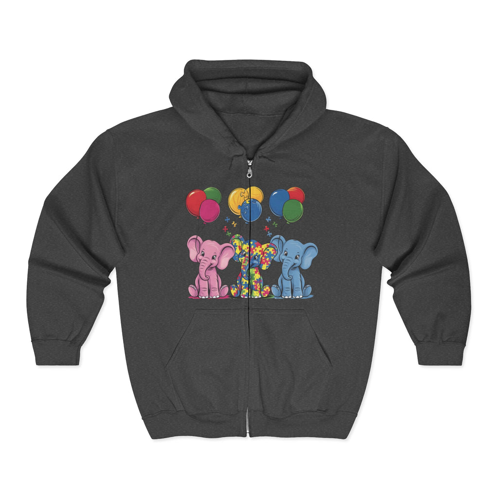 Elephant Balloon Party Hoodie - Fun Unisex Zip Sweatshirt Autism Awareness & Pride Collection.