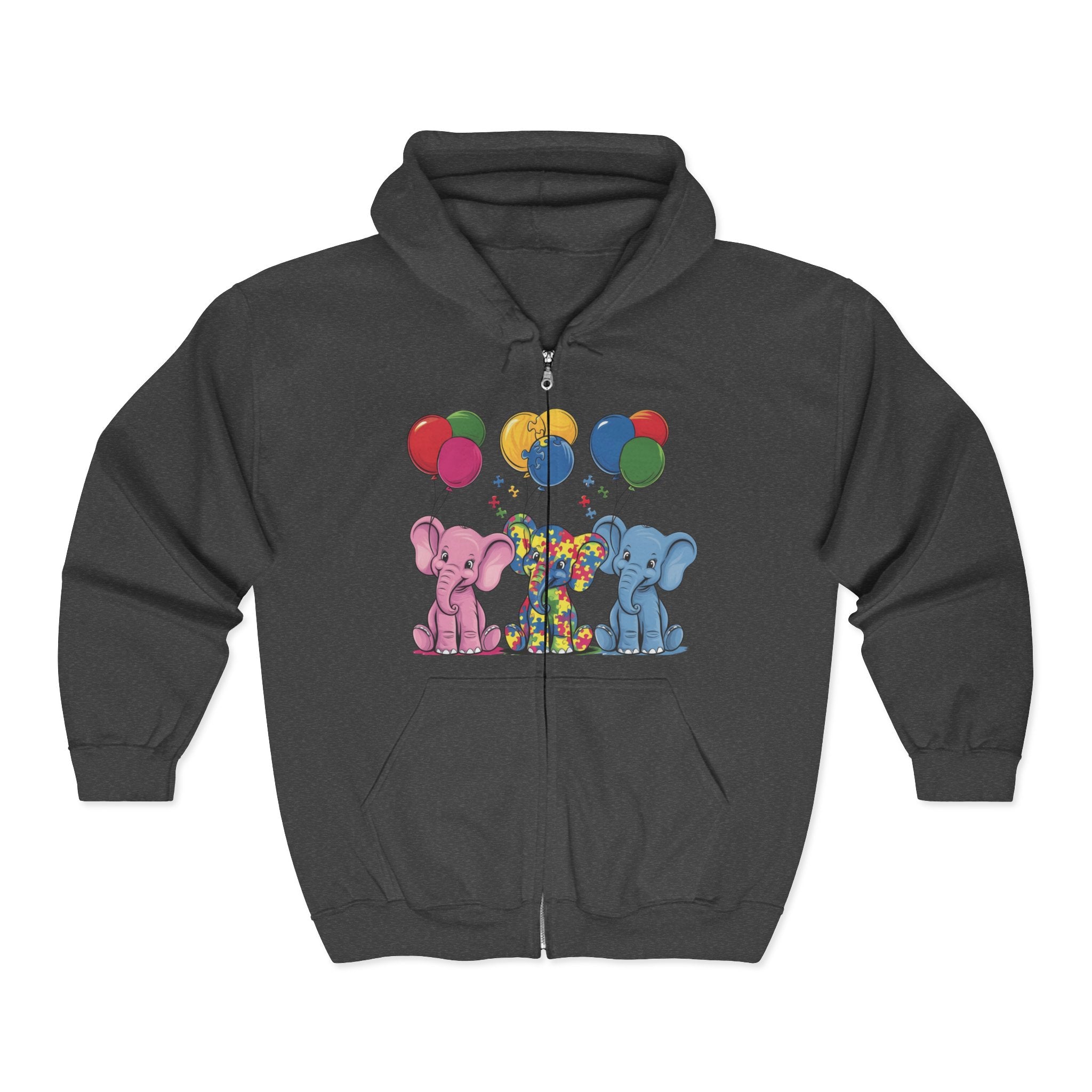 Elephant Balloon Party Hoodie - Fun Unisex Zip Sweatshirt Autism Awareness & Pride Collection.