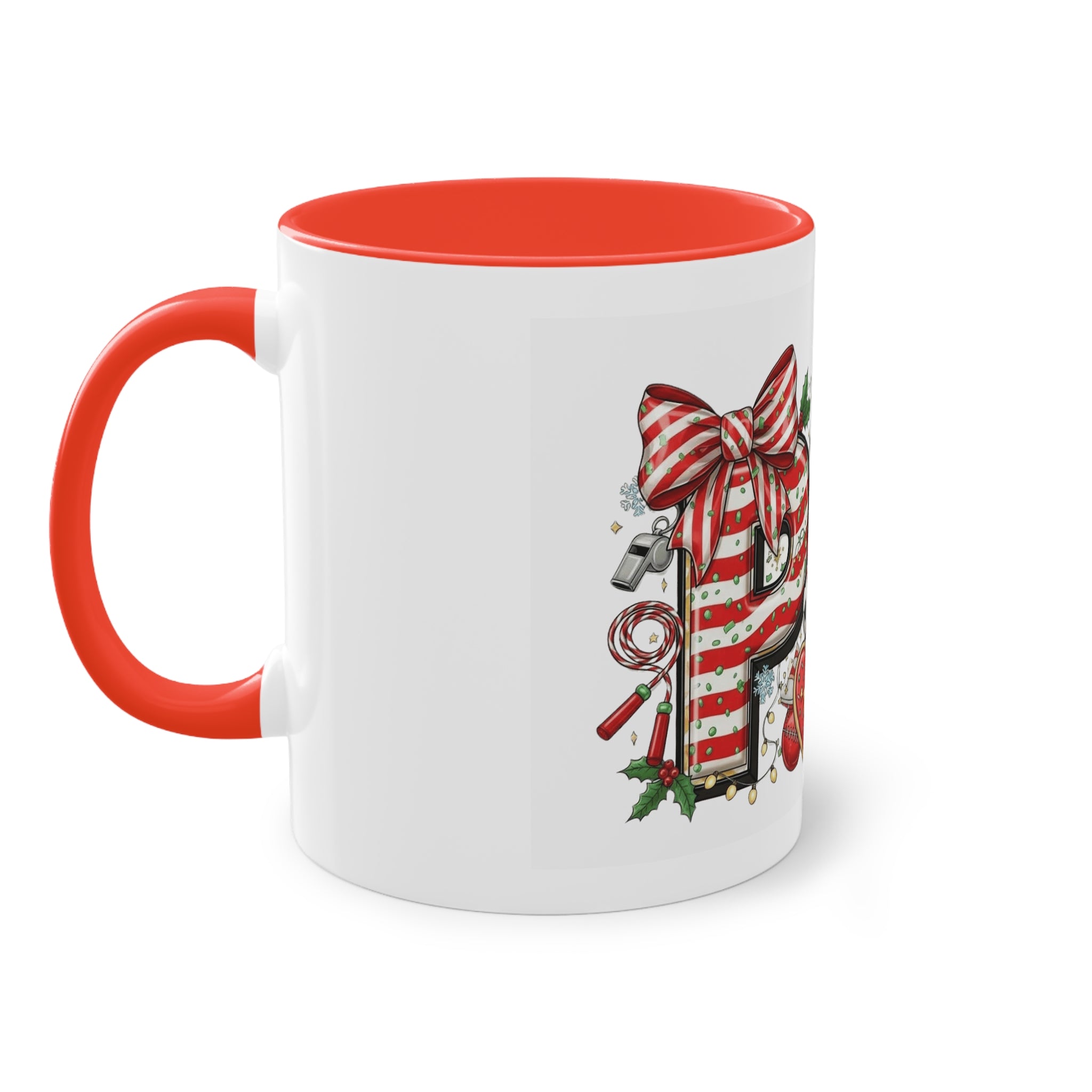 Holiday Sports Mom Coffee Mug Festive 'PE' Candy-Stripe Design, 11oz Two-Tone School Staff Christmas Mug Collection,