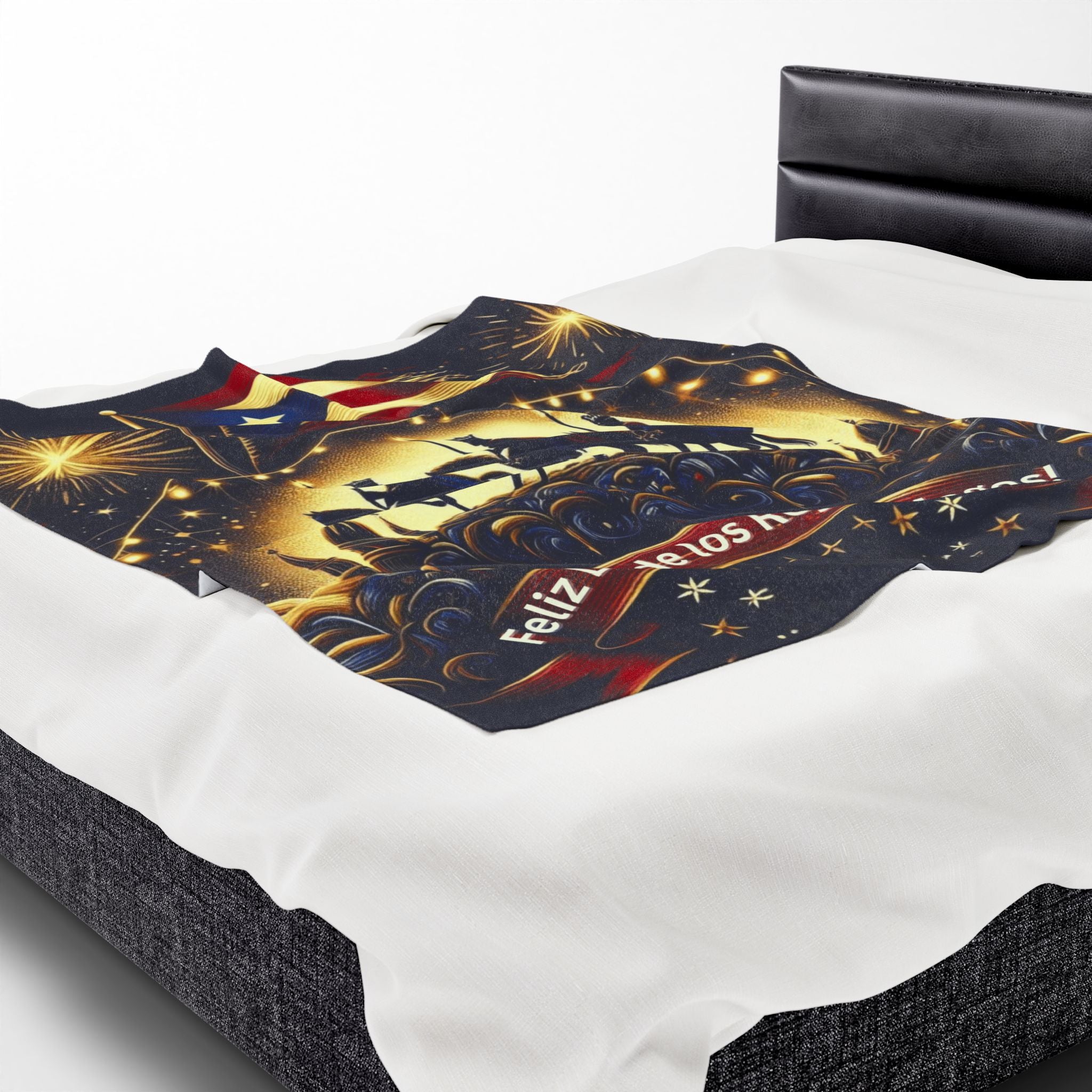 Velveteen Plush Blanket  Feliz Día de los Reyes Magos Puerto Rico Flag Holiday Throw