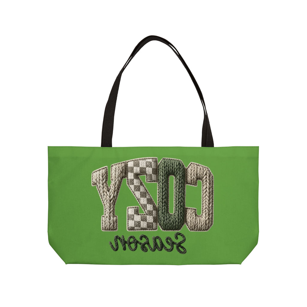 Cozy Season Weekender Tote Bag  Green Knit Lettering Travel & Weekend Carryall
