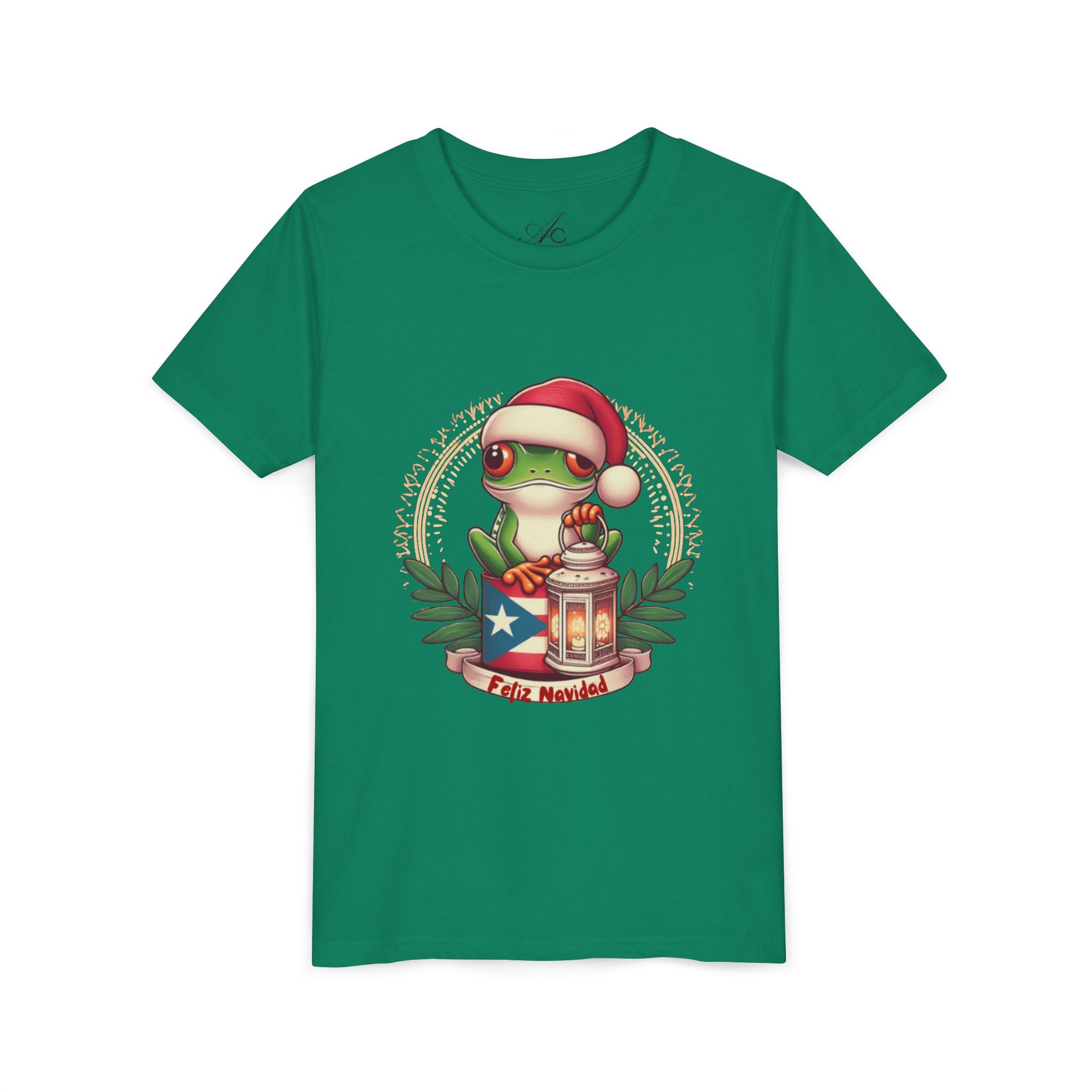 Kids Tee Cute Frog with Puerto Rican Flag & Lantern (Feliz Navidad)