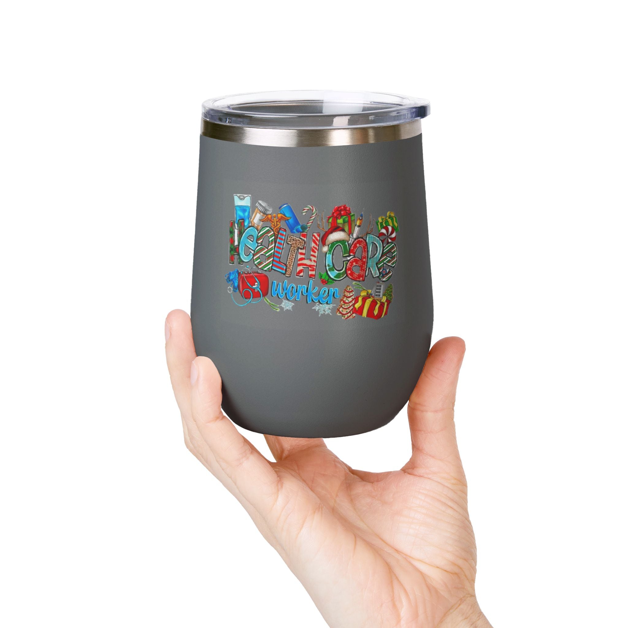Healthcare Worker 12oz Wine Tumbler — Colorful Holiday Medical Staff Gift Medical Christmas Mug