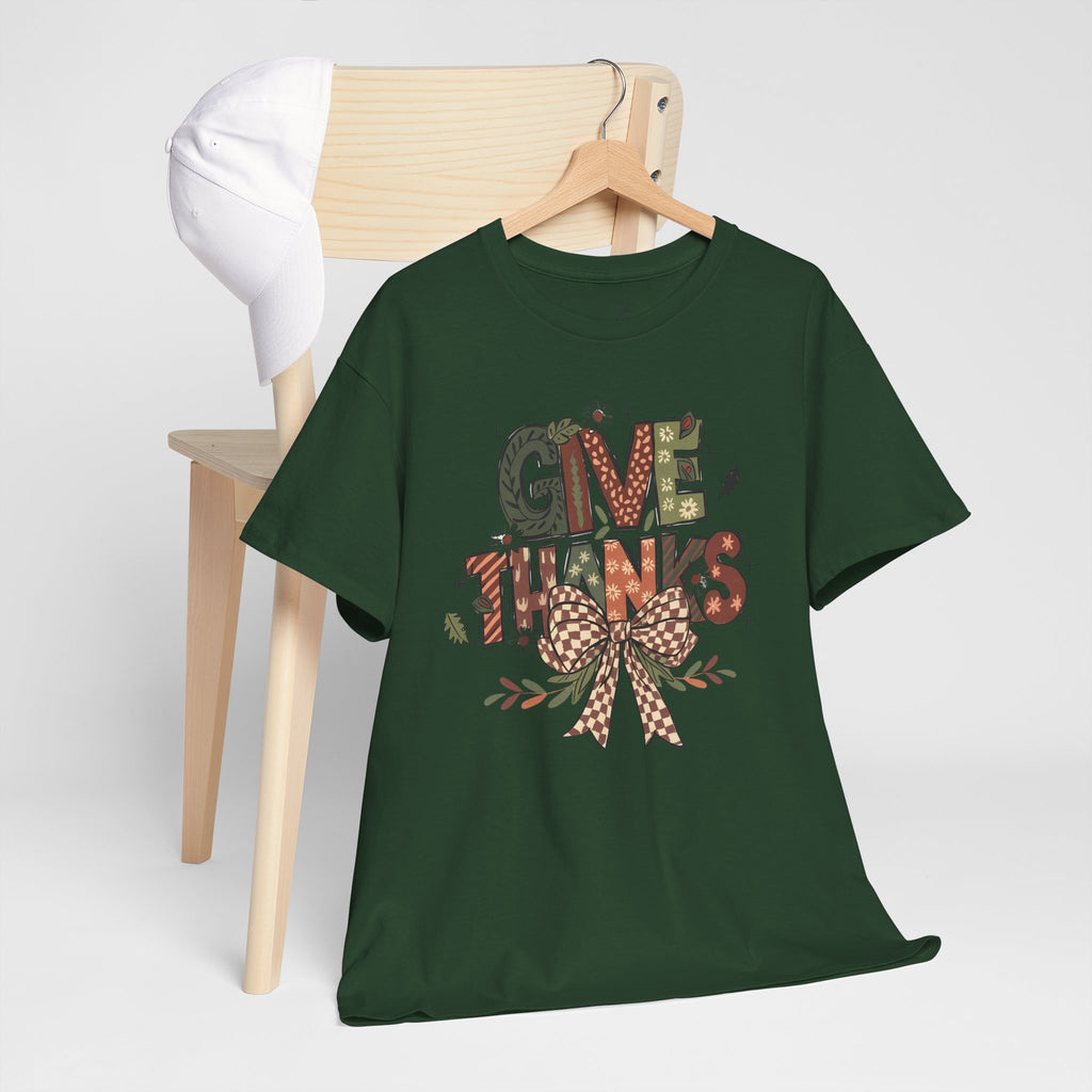 Give Thanks Tee Thanksgiving Graphic T-Shirt with Rustic Bow Design
