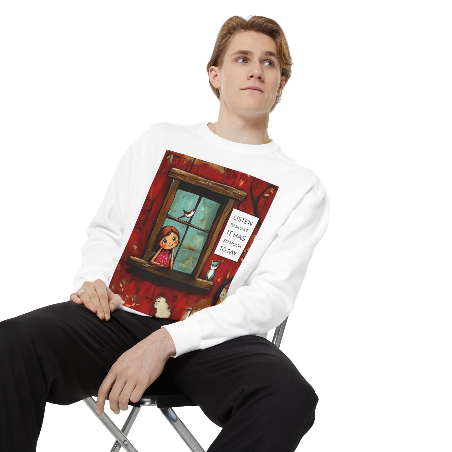 Cozy Window Scene Sweatshirt  "Listen, It Has So Much to Say" Graphic