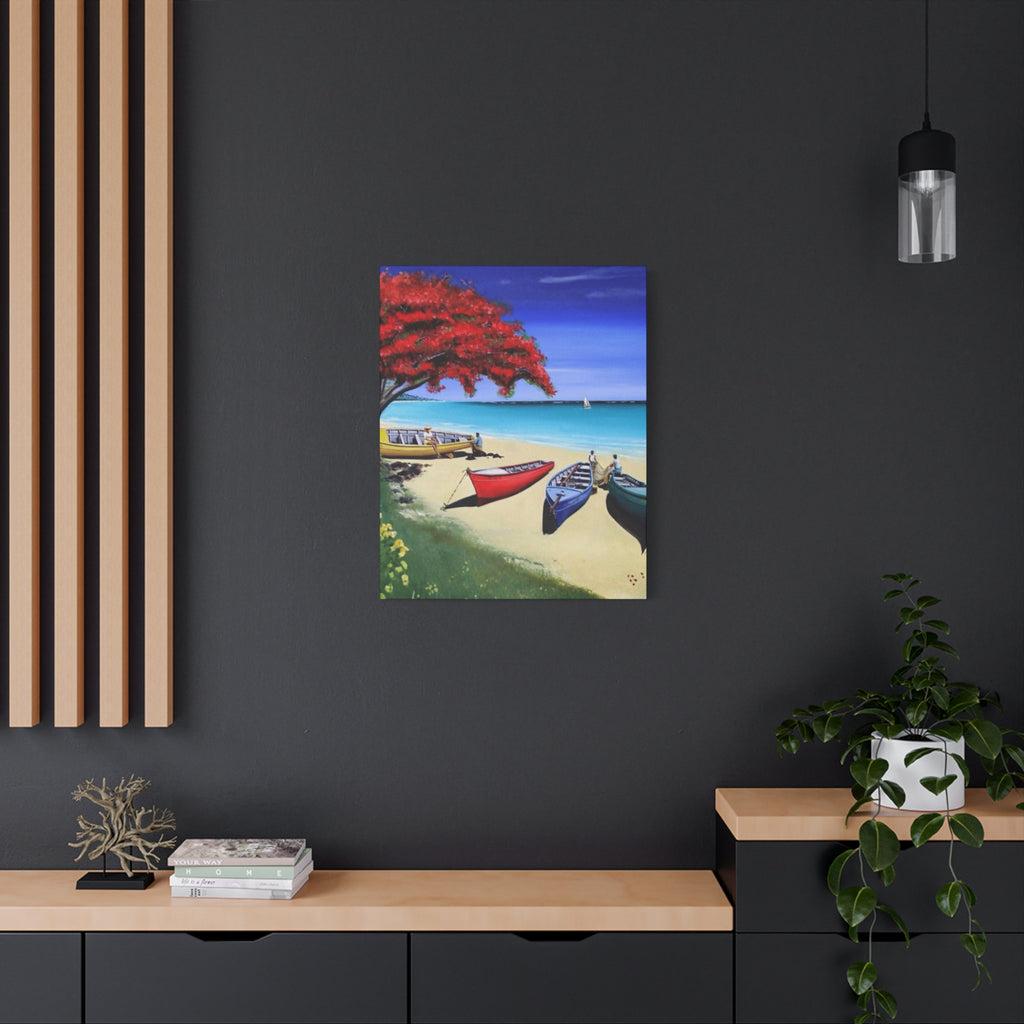 Beach Canoes Canvas Wall Art Tropical Seaside Landscape Matte Stretched Canvas