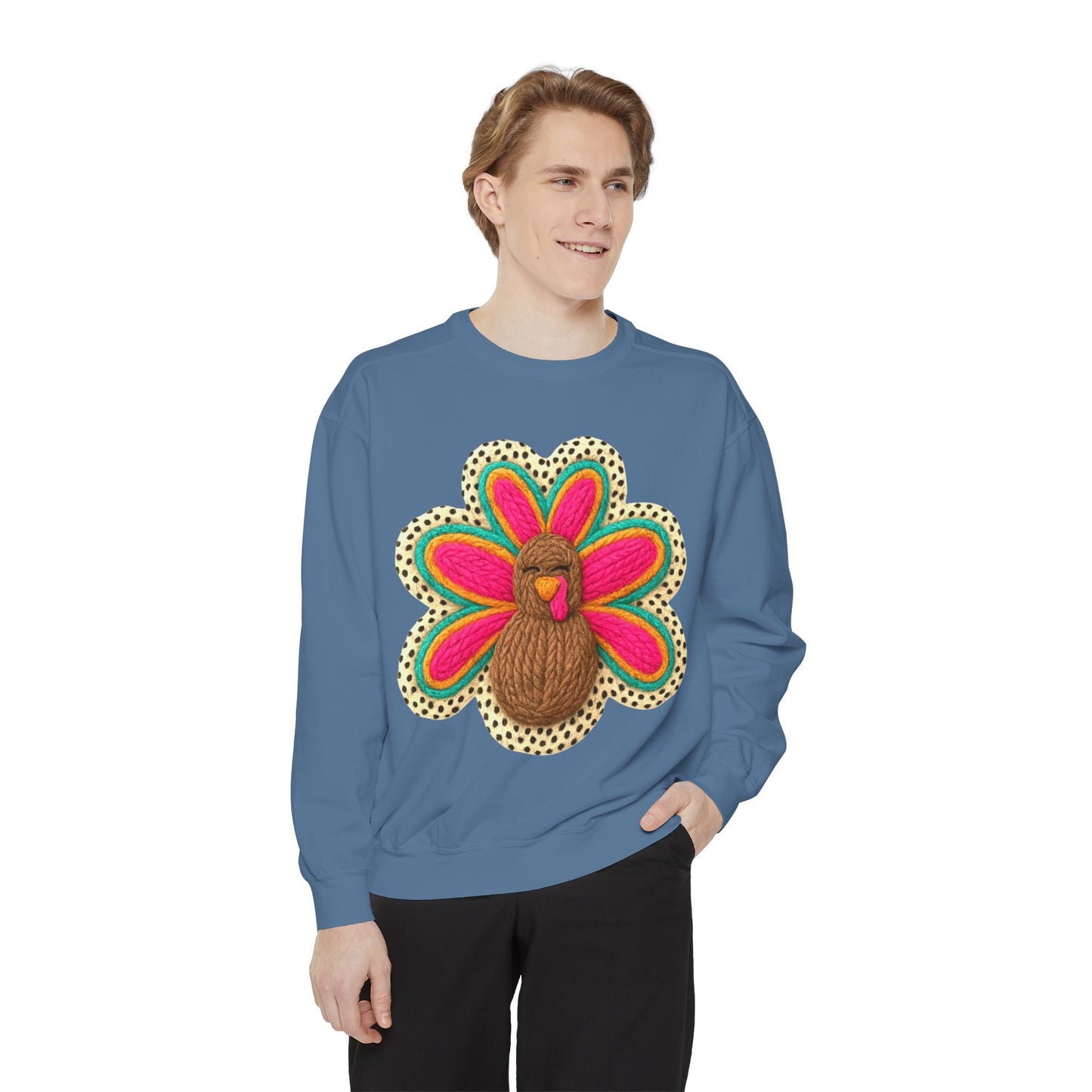 Festive Holiday Designs Turkey Patch Sweatshirt — Colorful Embroidered Thanksgiving Pullover