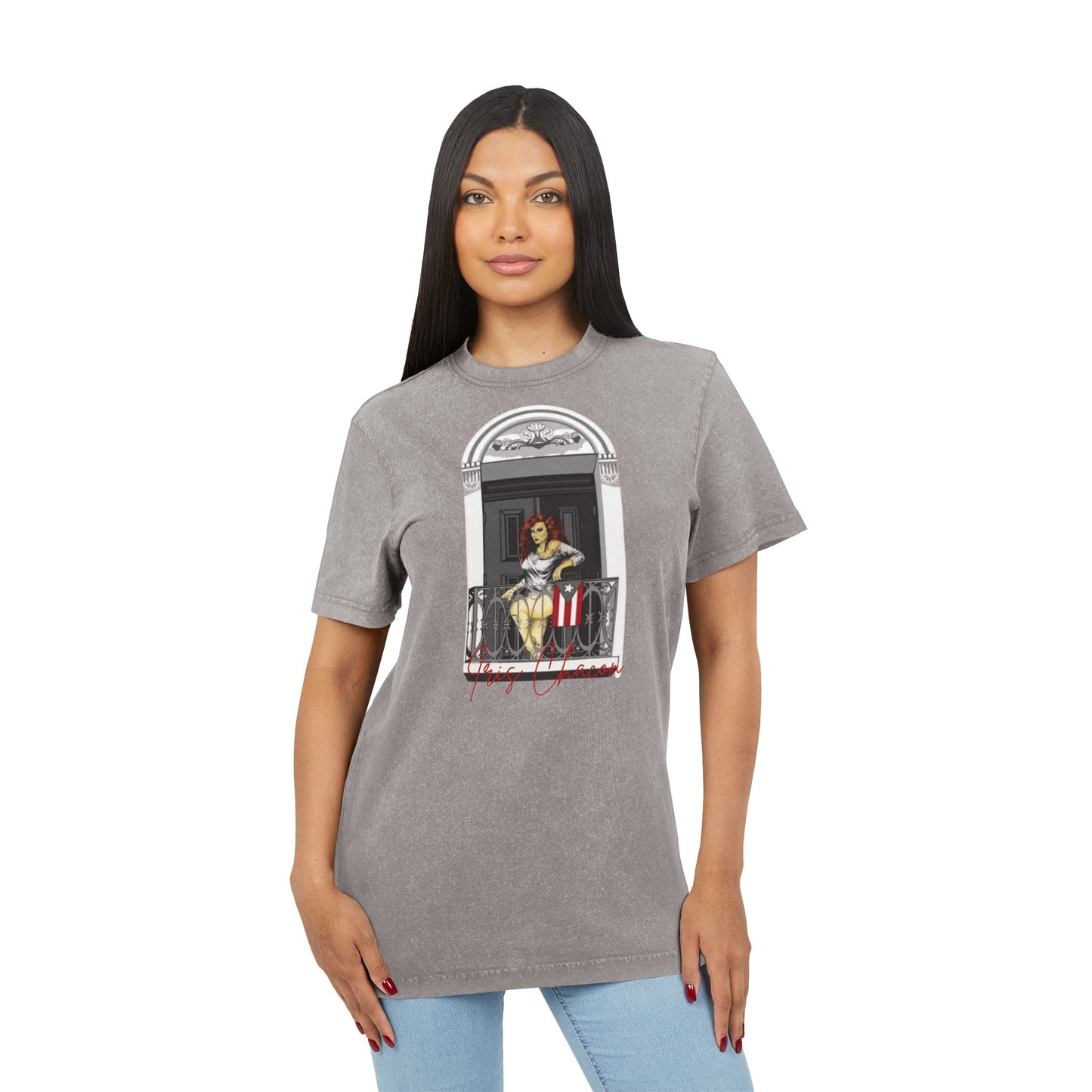 Iris Chacon Orgullo Boricua Chic Acid Washed Tee featuring Balcony Art, Stylish Casual T-Shirt, Graphic Tee for Art Lovers, Cozy Summer Top,