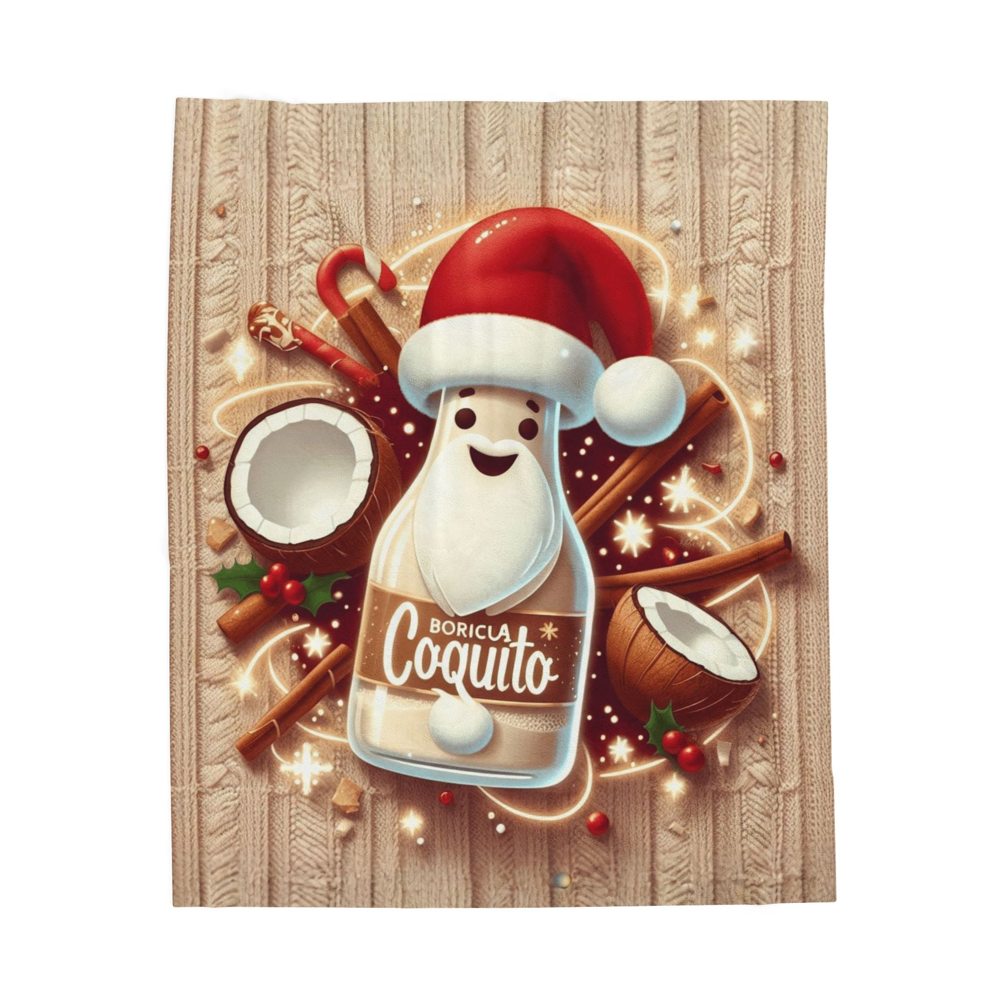 Coquito Santa Velveteen Plush Blanket Holiday Puerto Rican Coquito Design