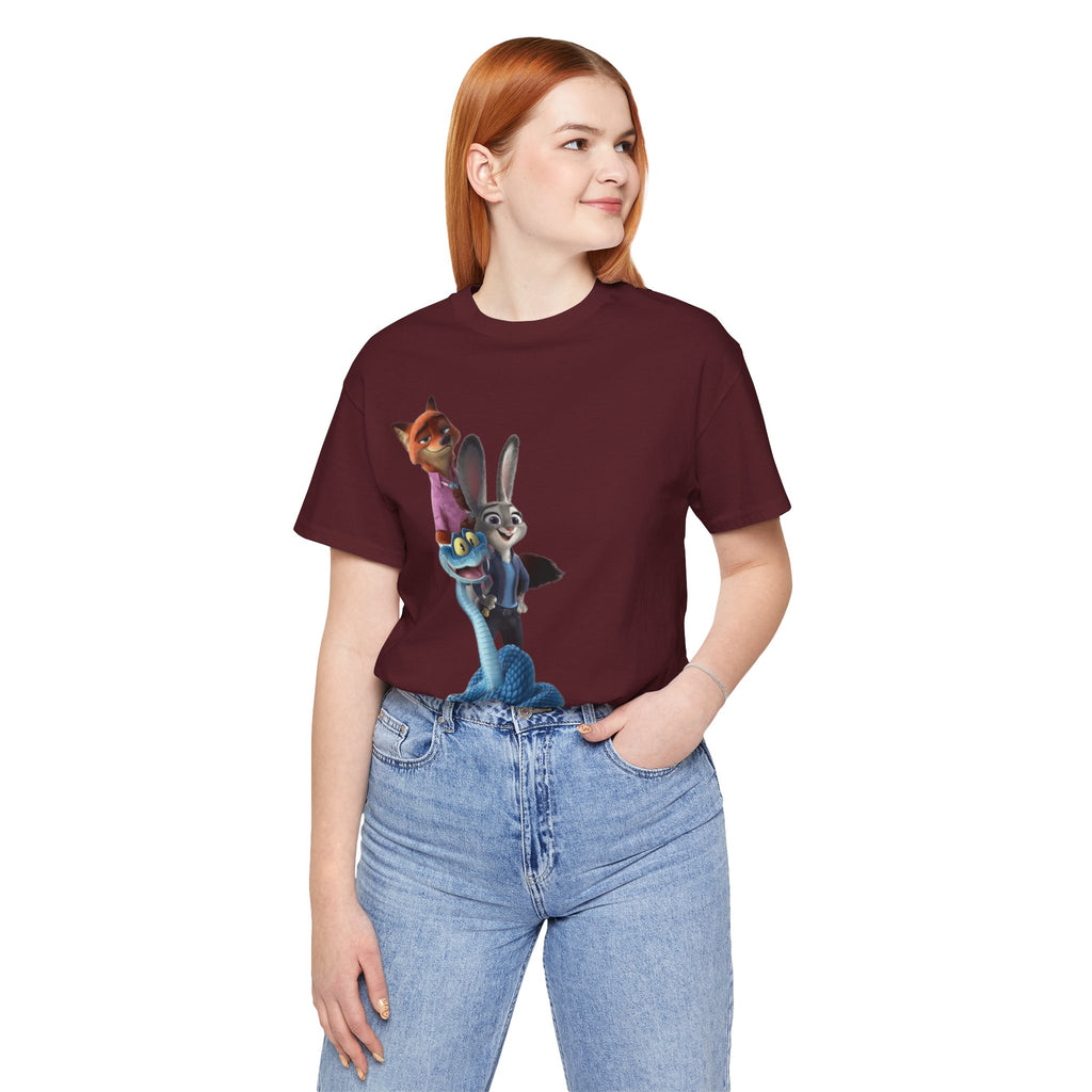Animated Character Tee — Cute Fox & Bunny Stack Graphic T-Shirt  cartoon-style Christmas artwork