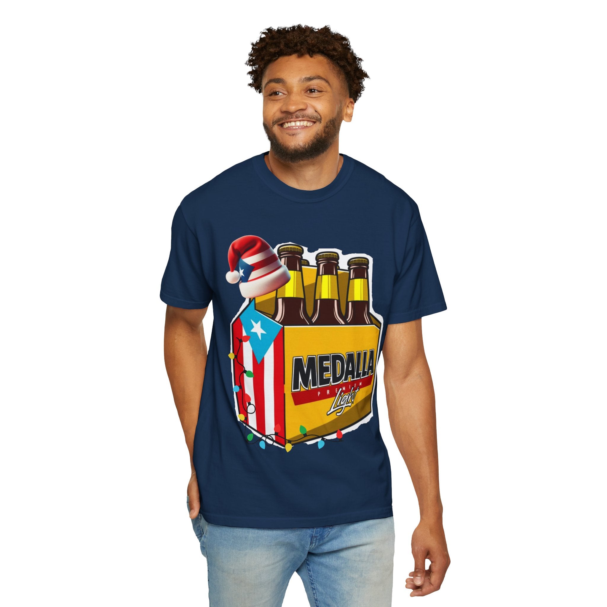 Medalla Light Beer T-Shirt  Navidad Boricua Holiday Tee Puerto Rico’s Navidades