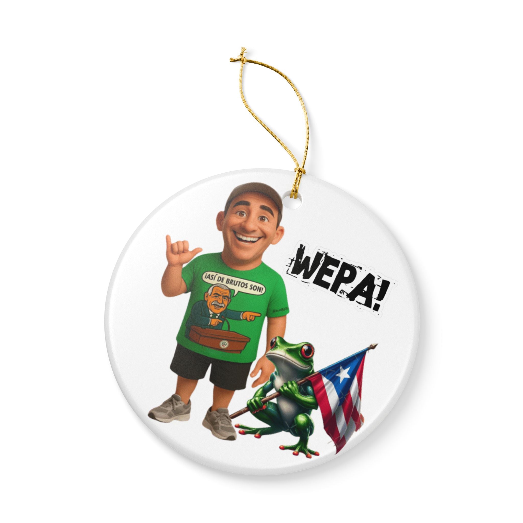 Puerto Rican Wepa! Ceramic Ornament Eliezer Molina & Coqui Frog with Flag