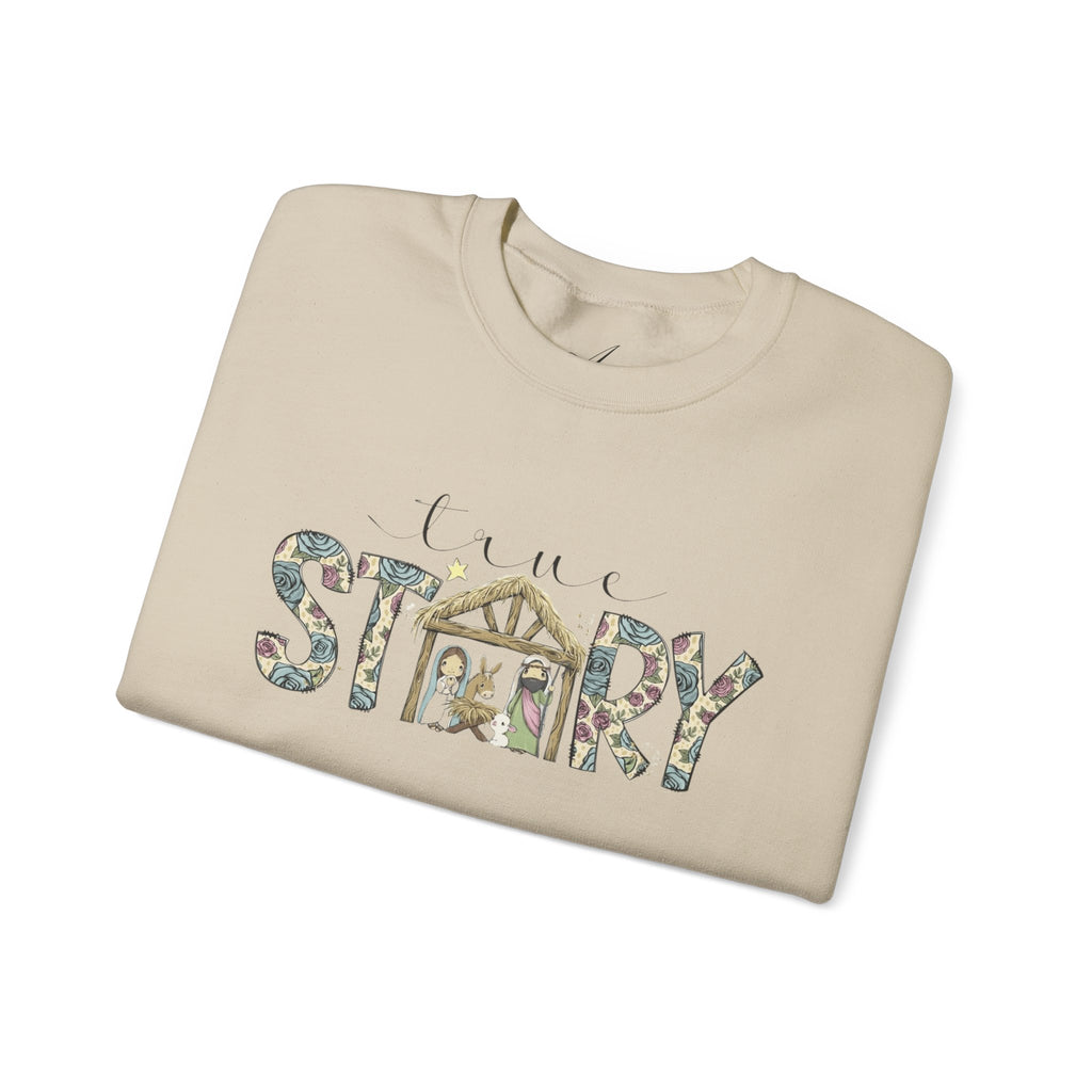 Crewneck Sweatshirt "Come Story" Floral Nativity Design  Cozy Christmas Pullover unique festive designs and joyful