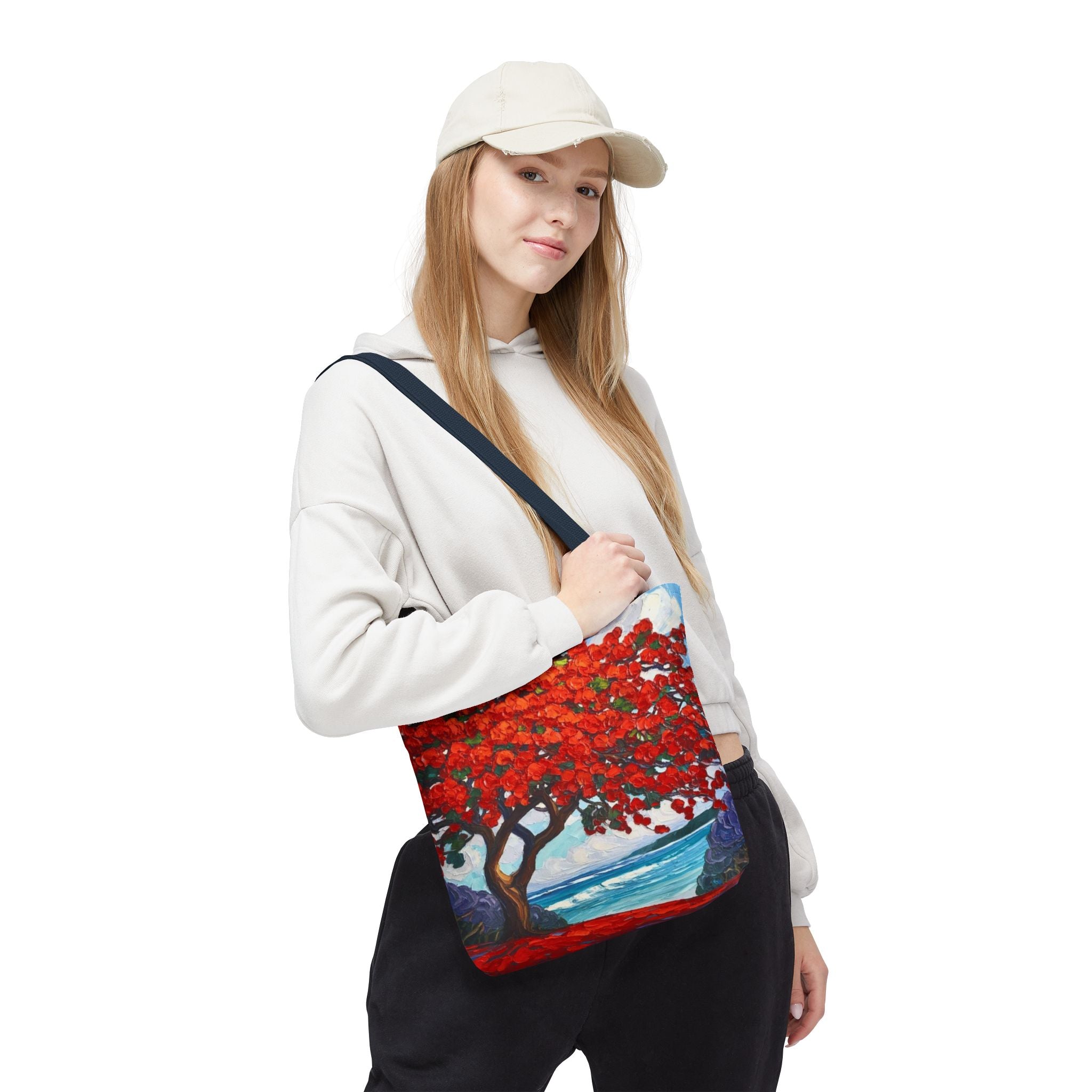 Red Blossom Beach Tote - Tropical Tree Art All-Over Print Tote Bag Crochet-Decorated Tote Bags