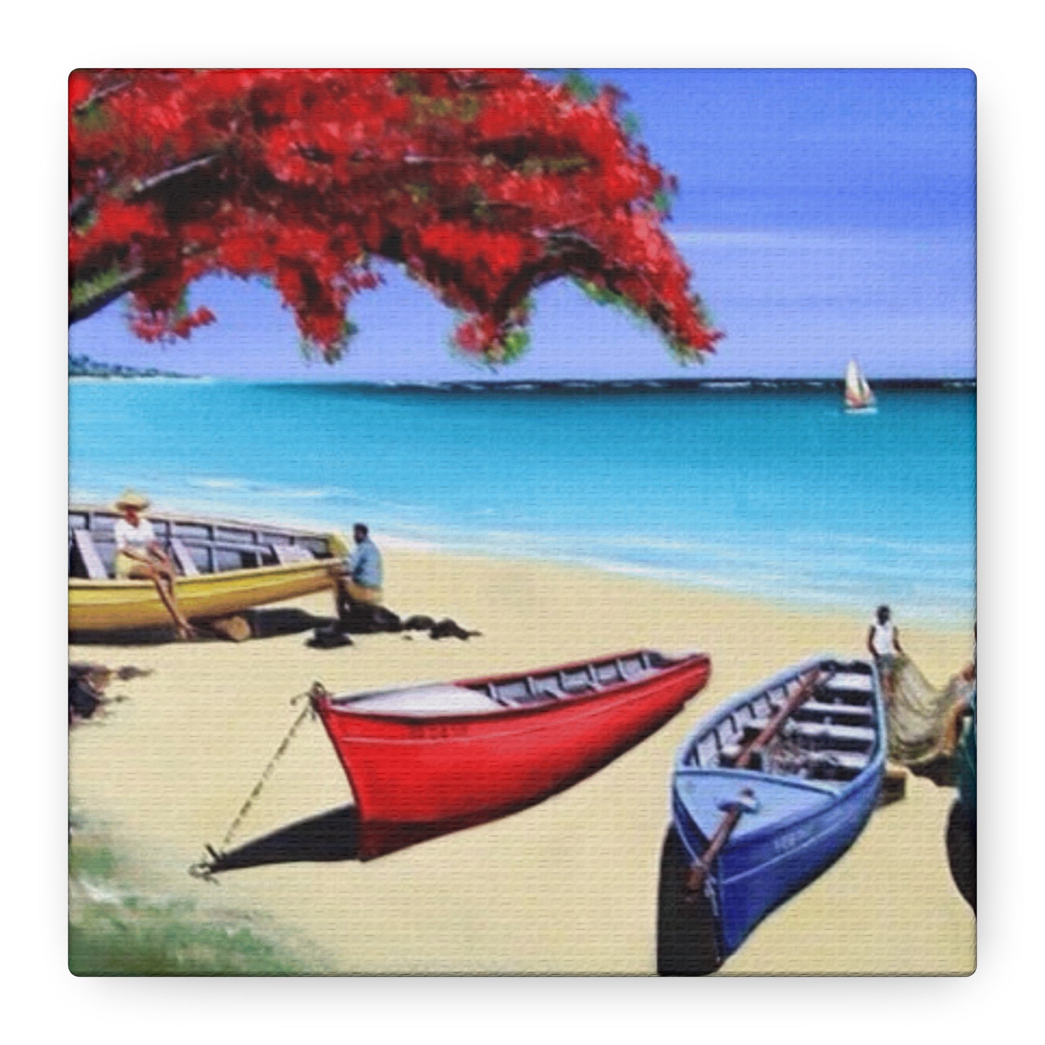 Beach Canoes Canvas Wall Art Tropical Seaside Landscape Matte Stretched Canvas